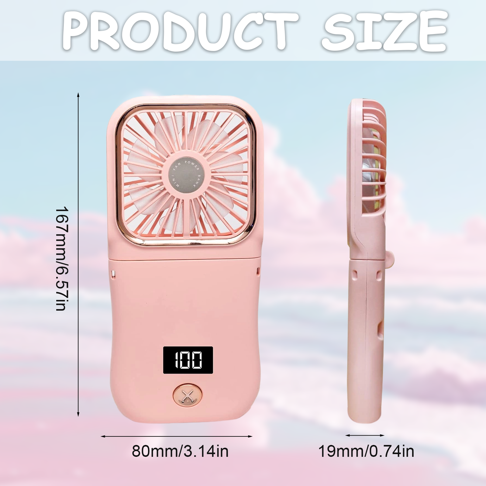 Ein rosa tragbarer Ventilator mit Maßen vor hellblauem Hintergrund. Hat ein Display.