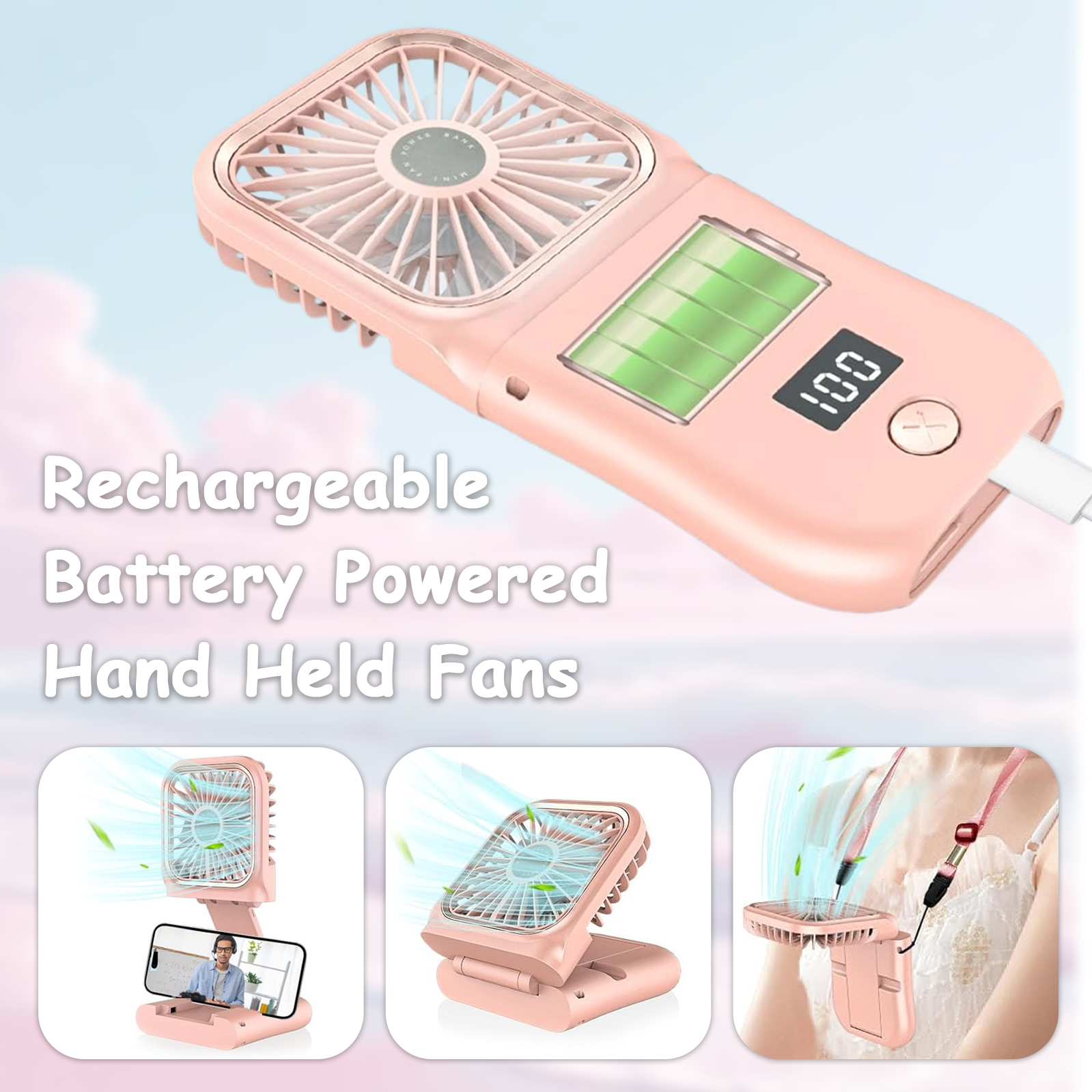 Ein rosa Handventilator mit Digitalanzeige, die 100 anzeigt. Er kann als Telefonständer oder mit einem Umhängeband getragen werden.
