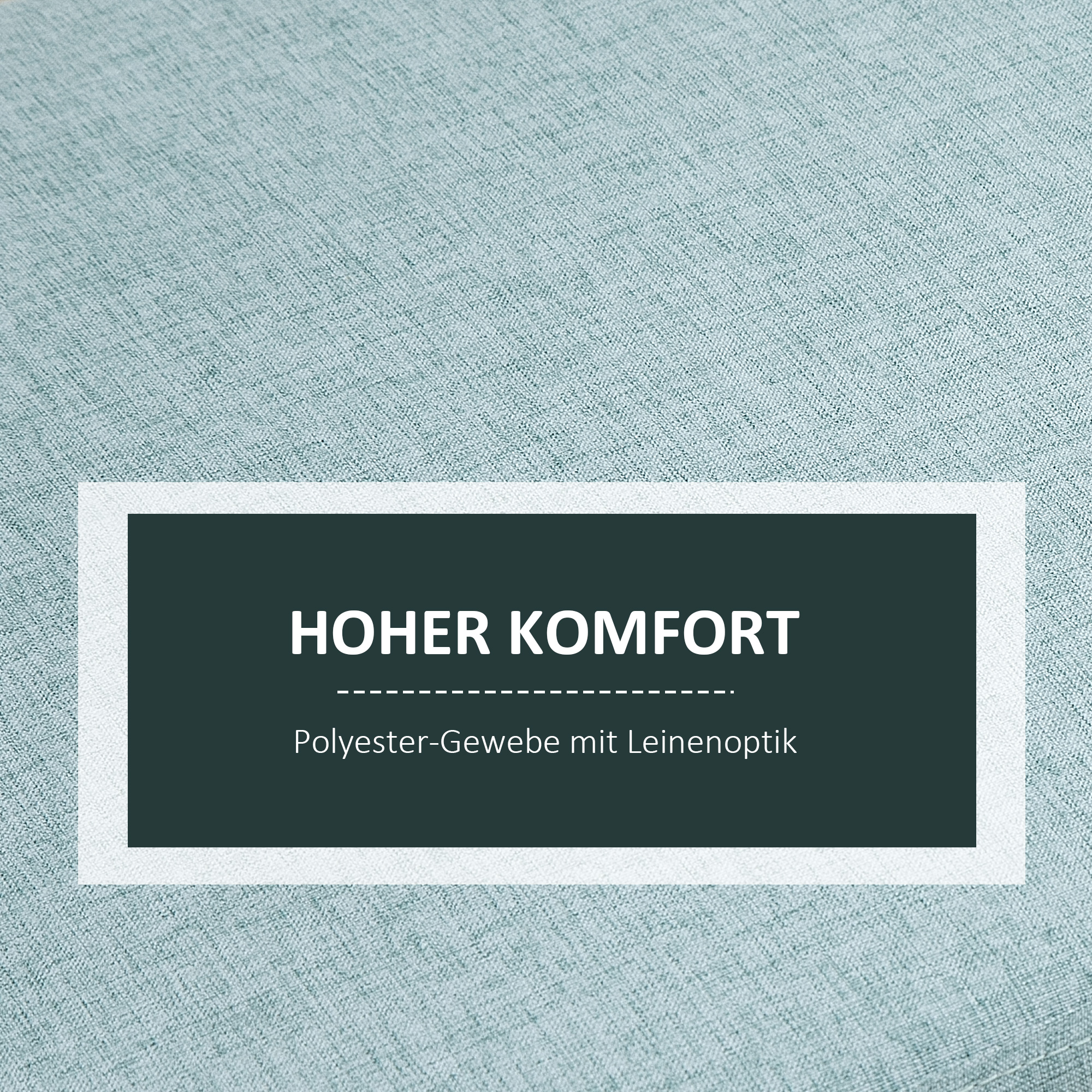 Nahaufnahme des hellblauen Stoffes mit einem weißen Rechteck mit den Worten 'HOHER KOMFORT'.