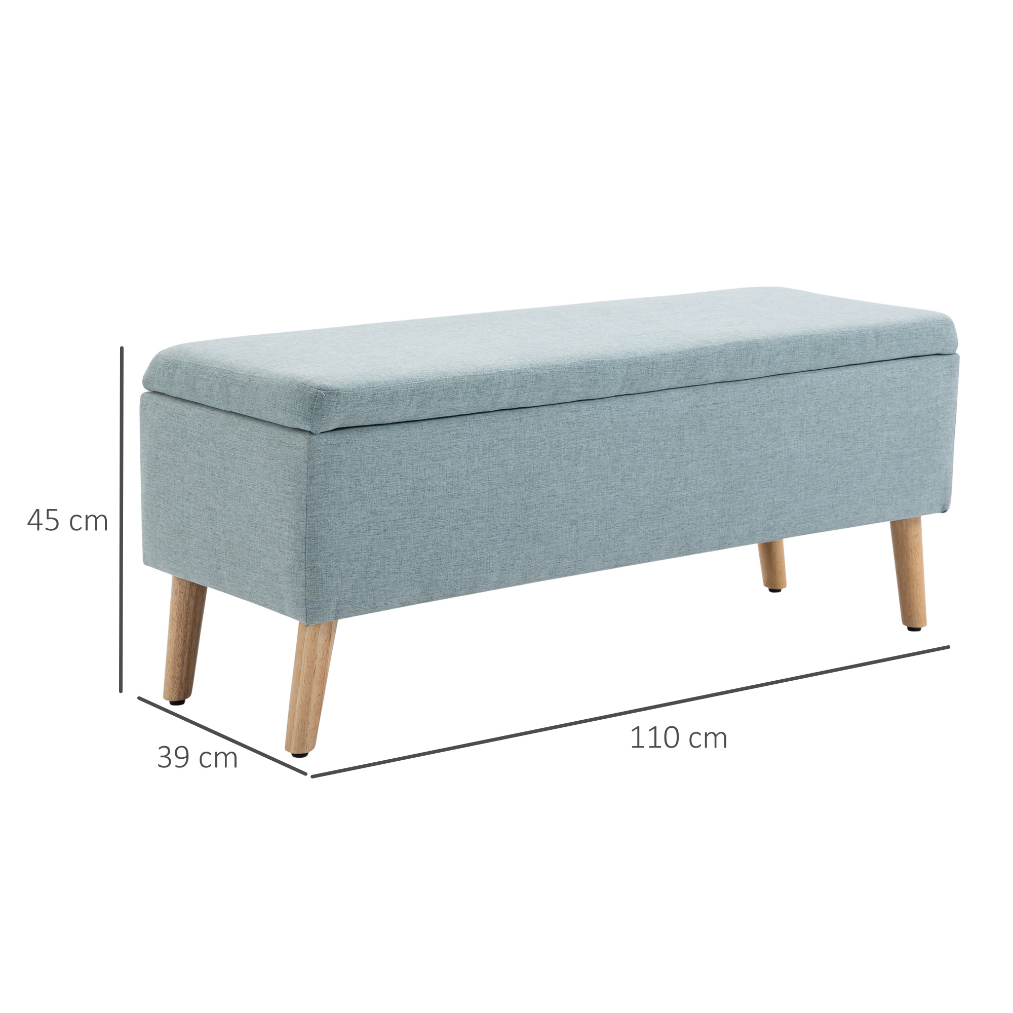 Eine hellblaue Sitzbank mit Holzbeinen. Abmessungen: 45x39x110 cm.