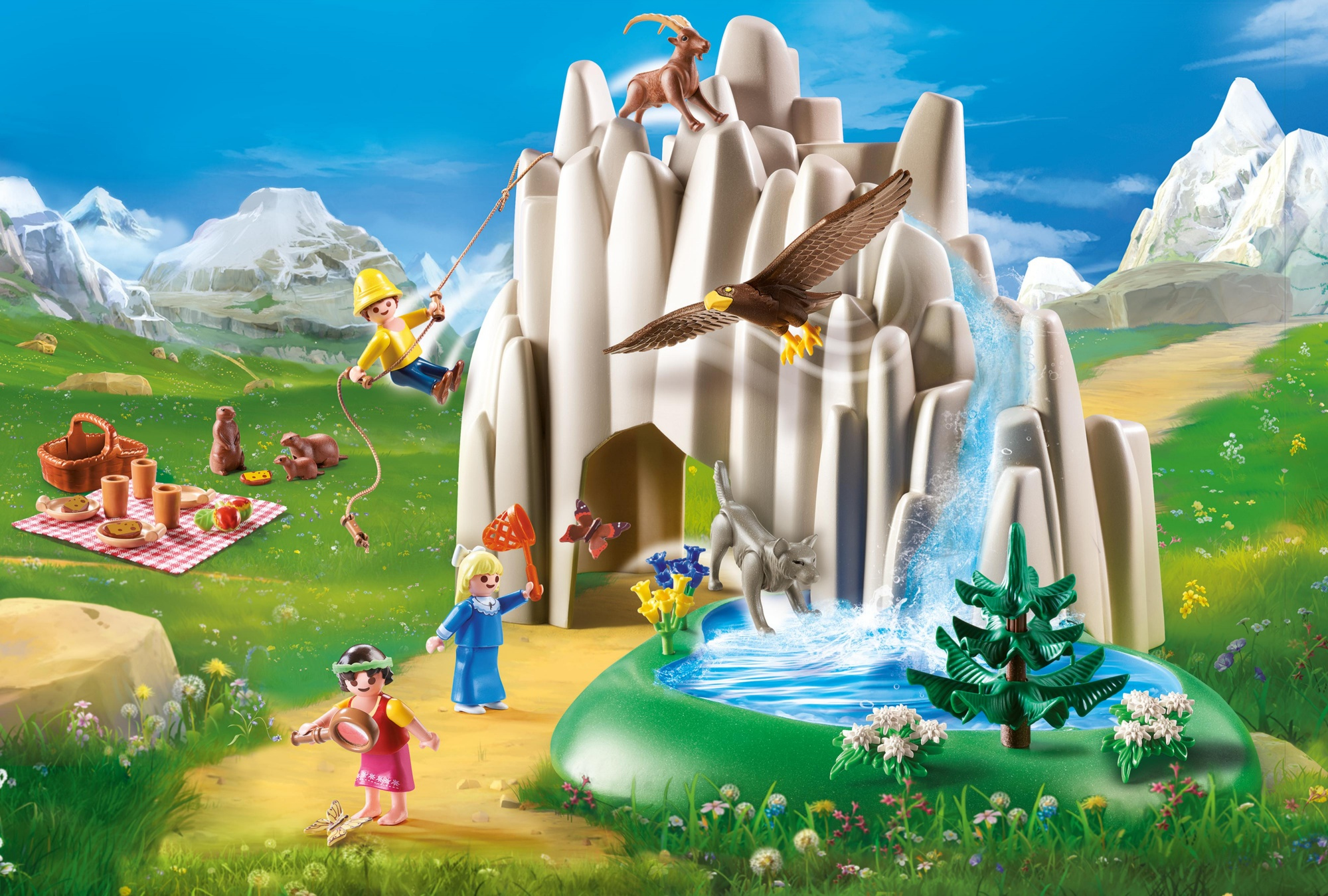 Zestaw Playmobil Heidi. Figurki, zwierzęta, wodospad i skalista góra. Scena jest na zewnątrz.