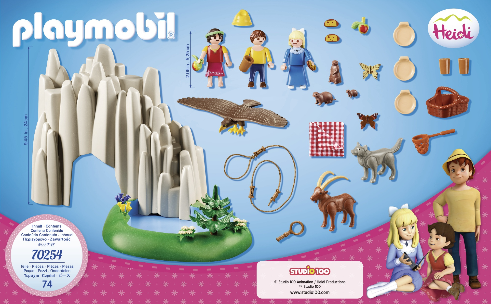 Zestaw Playmobil Heidi z figurkami Heidi, Petera i innych. Zawiera górę i inne akcesoria.