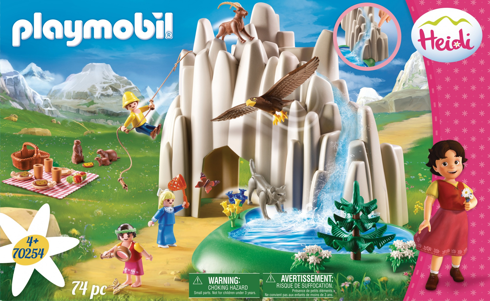 Zestaw Playmobil Heidi. Duża skalista góra, figurki, zwierzęta i wodospad. Pudełko widoczne.