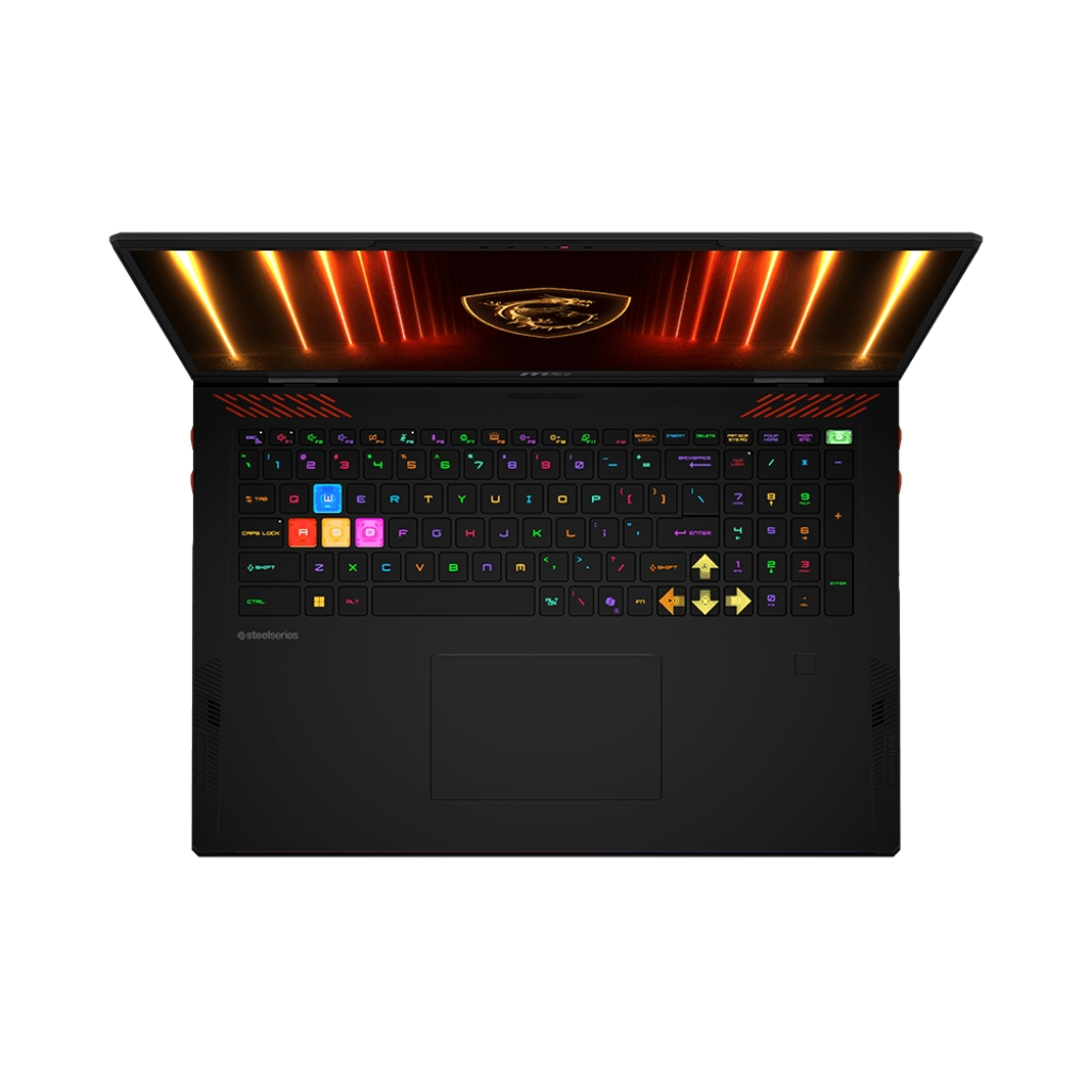 Laptop nero, aperto, tastiera visibile, tasti colorati, sfondo bianco.