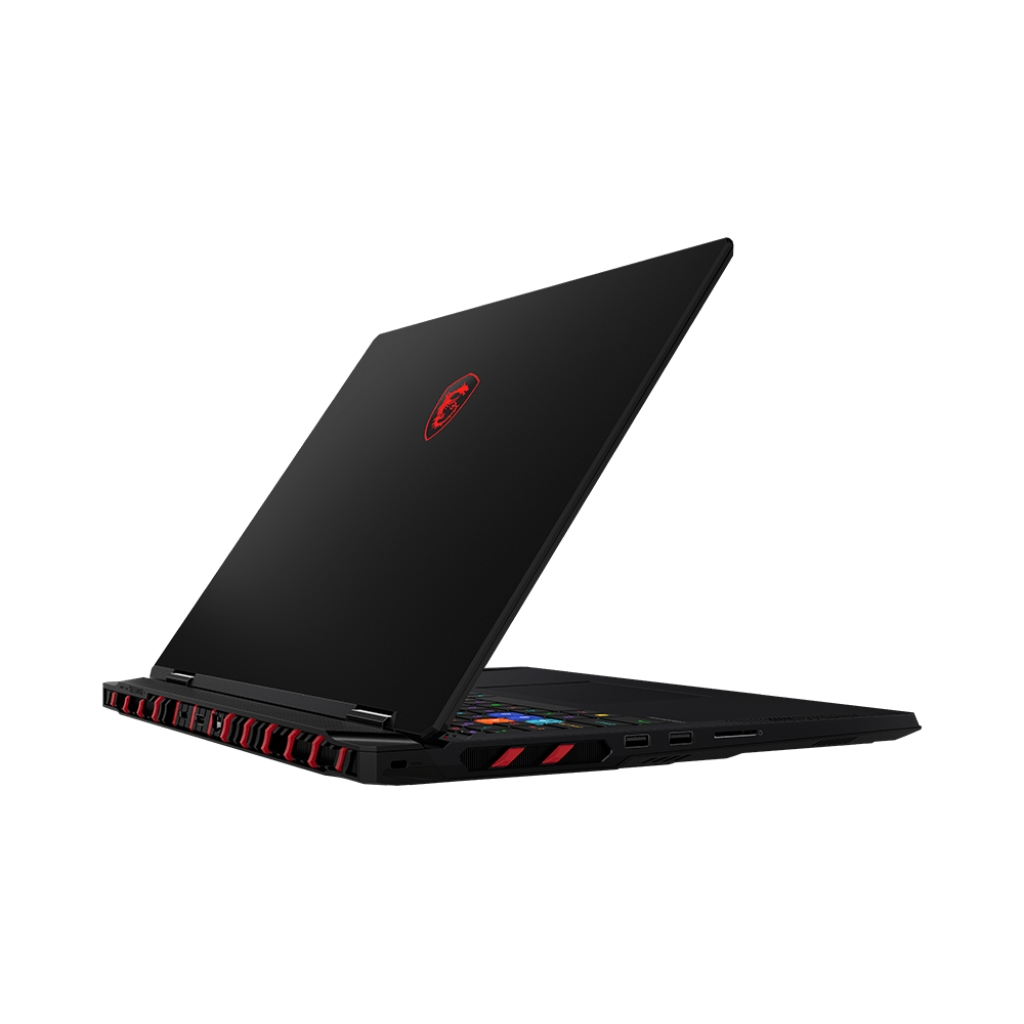 Laptop nero, parzialmente aperto, dettagli rossi sul lato, sfondo bianco.