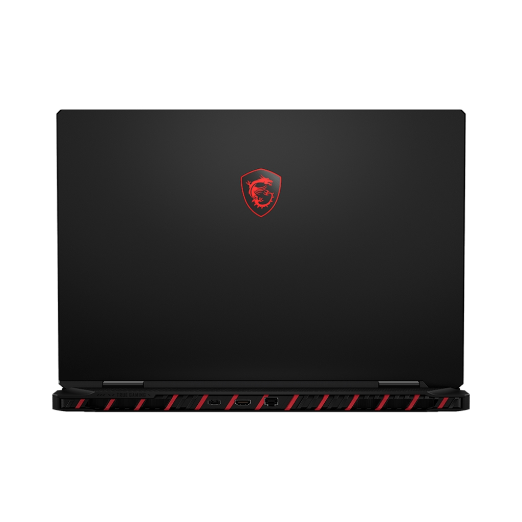 Laptop nero con un logo rosso sul retro. Il laptop è su una superficie.