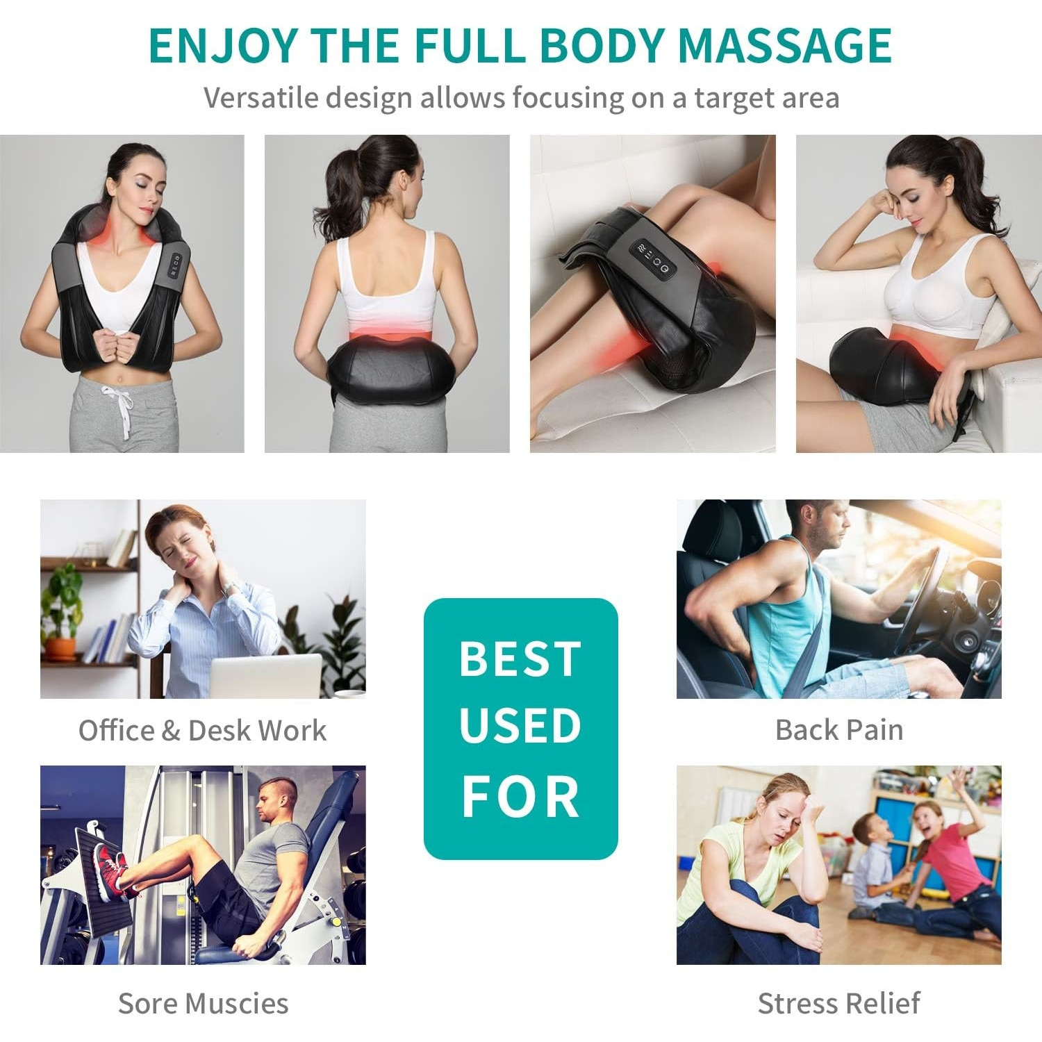 Collage von Bildern, die Massageanwendungen zeigen. Personen, die Massagegeräte an Nacken, Rücken, Beinen und auch ein Mann, der fährt.