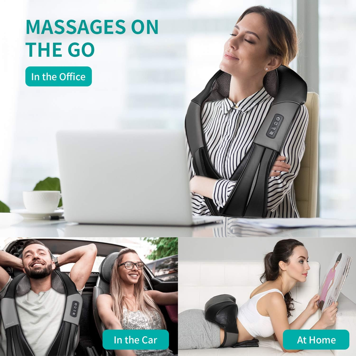 Nackenmassagegerät und drei Szenarien: Büro, Auto und Zuhause. Entspannungsposen.