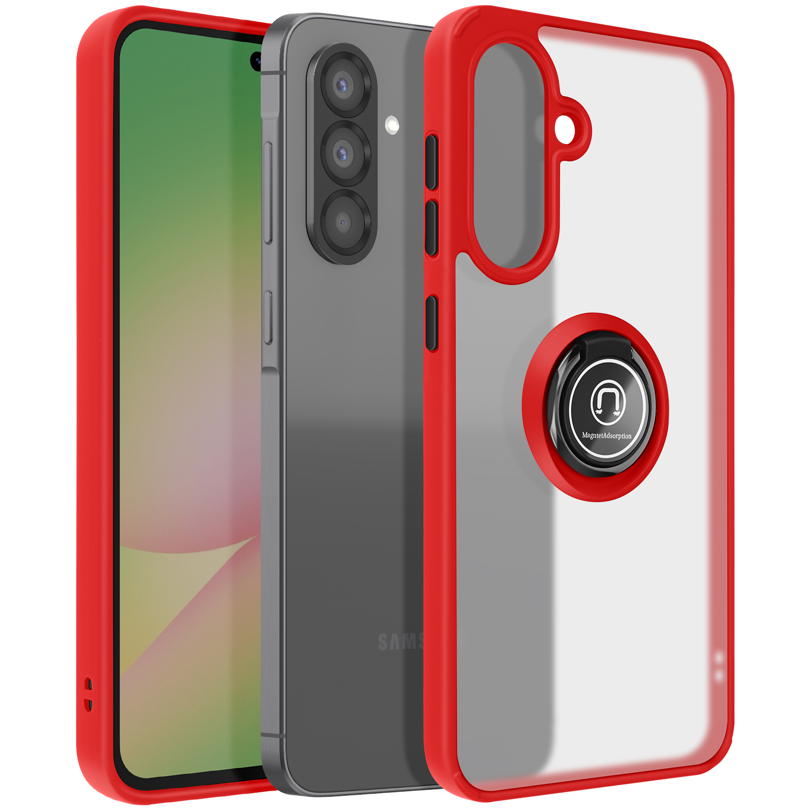 Custodia rossa per telefono con schermo del telefono e un supporto ad anello.