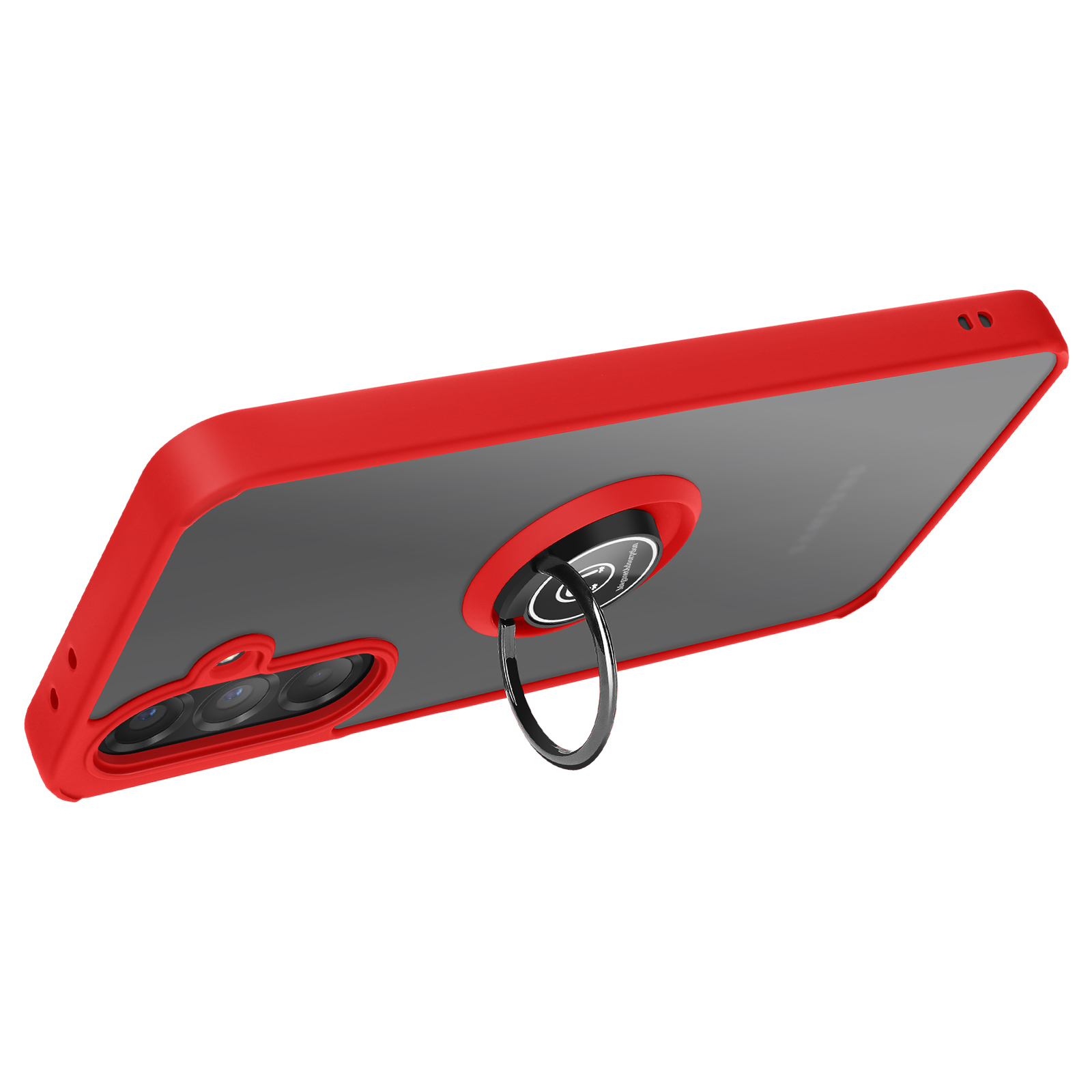 Custodia rossa per telefono con supporto ad anello, doppia fotocamera. Sfondo bianco.