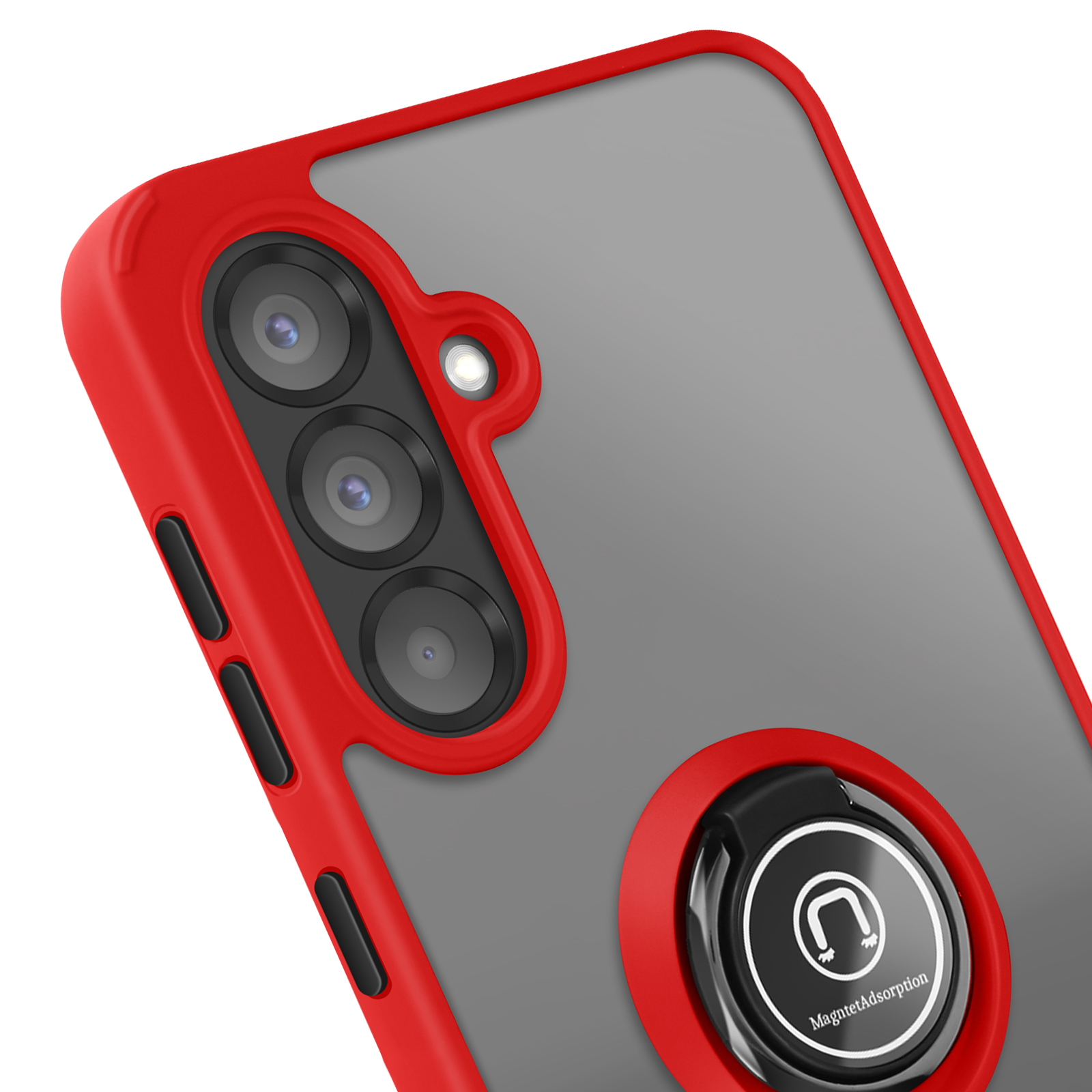 Primo piano di una custodia per telefono rossa con un supporto ad anello. La custodia copre le fotocamere e il telaio del telefono.