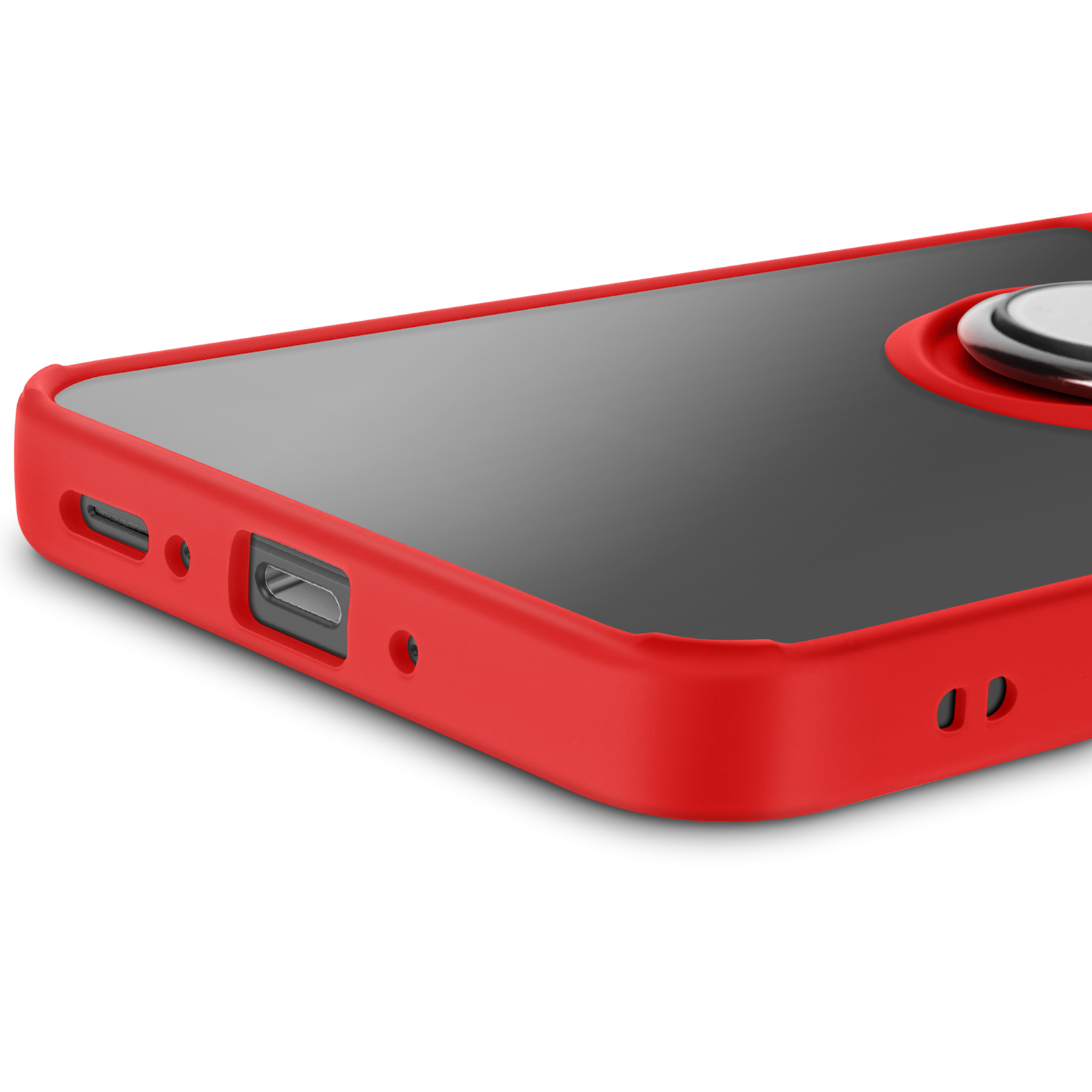 Custodia rossa per telefono con porta di ricarica e altre porte.