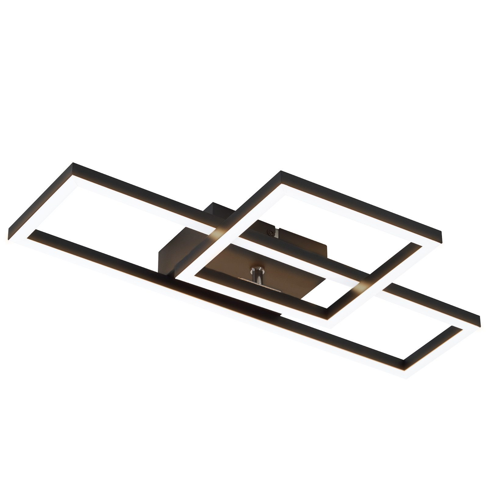 Nowoczesna prostokątna lampa sufitowa z czarnymi ramami, na białym suficie.