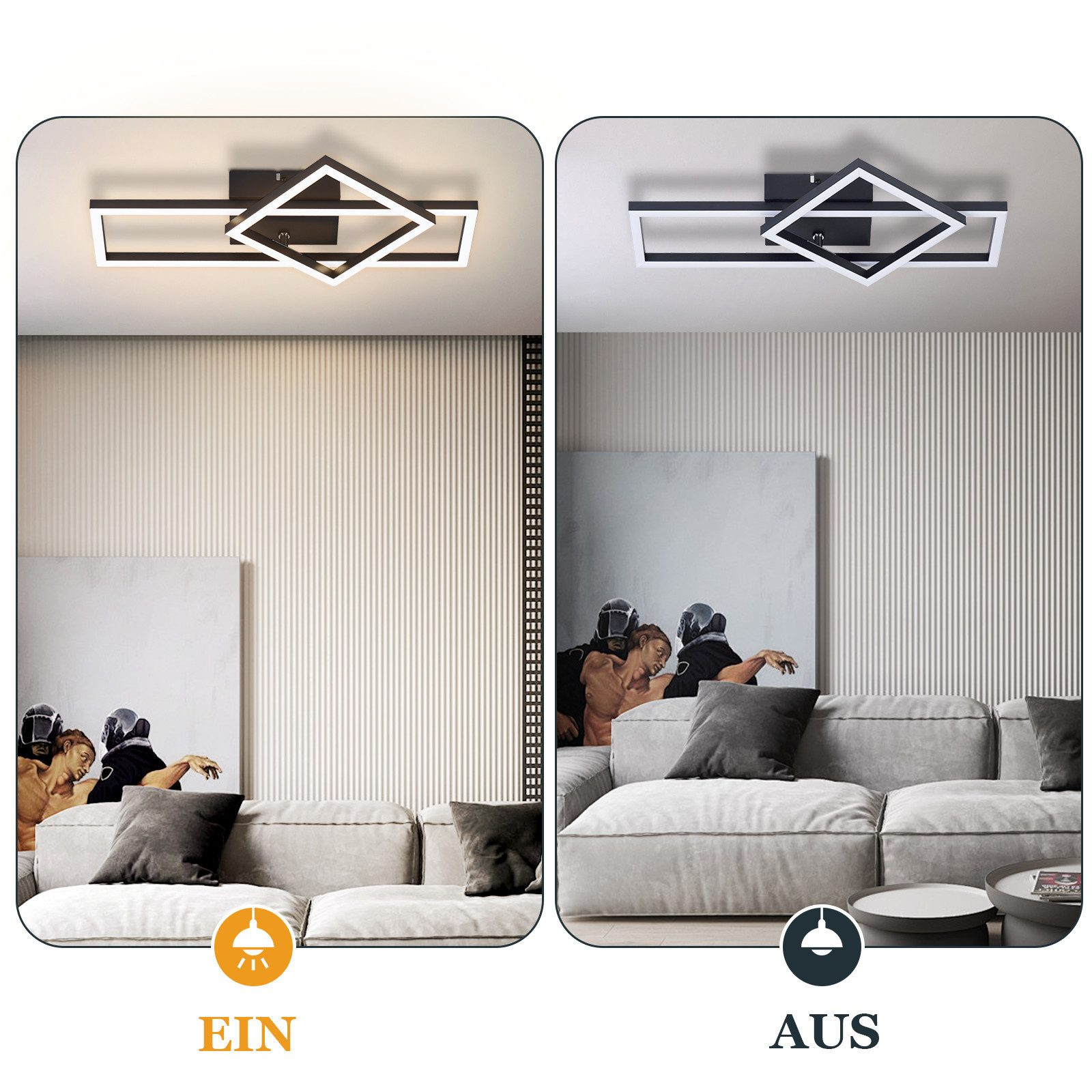 Dwa zdjęcia tego samego elementu oświetleniowego z włączonym i wyłączonym światłem.