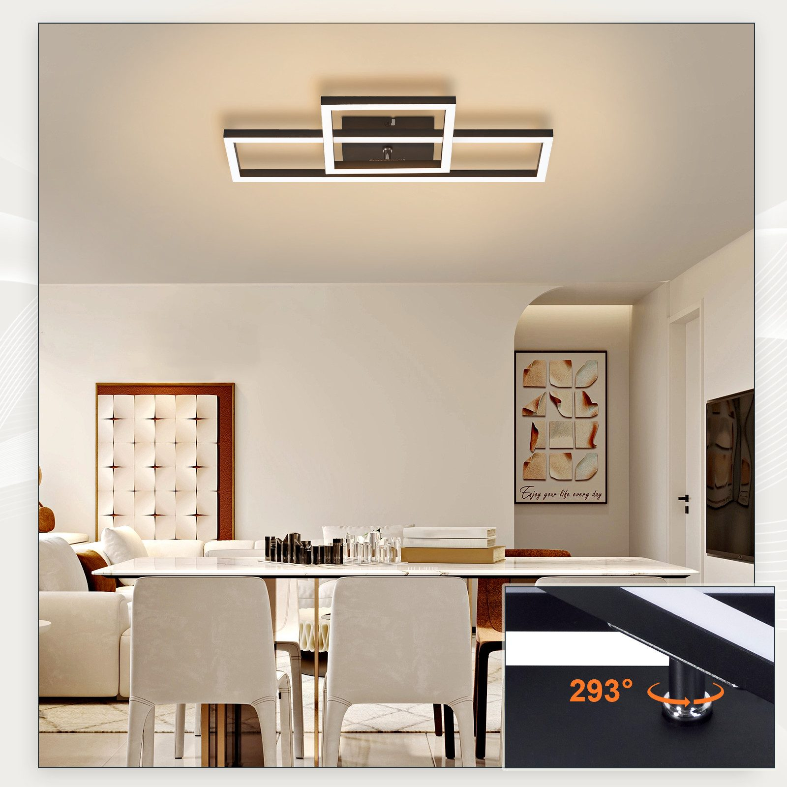Nowoczesna lampa sufitowa z czarnymi ramami i białymi światłami. W tle stół i krzesła w jadalni.