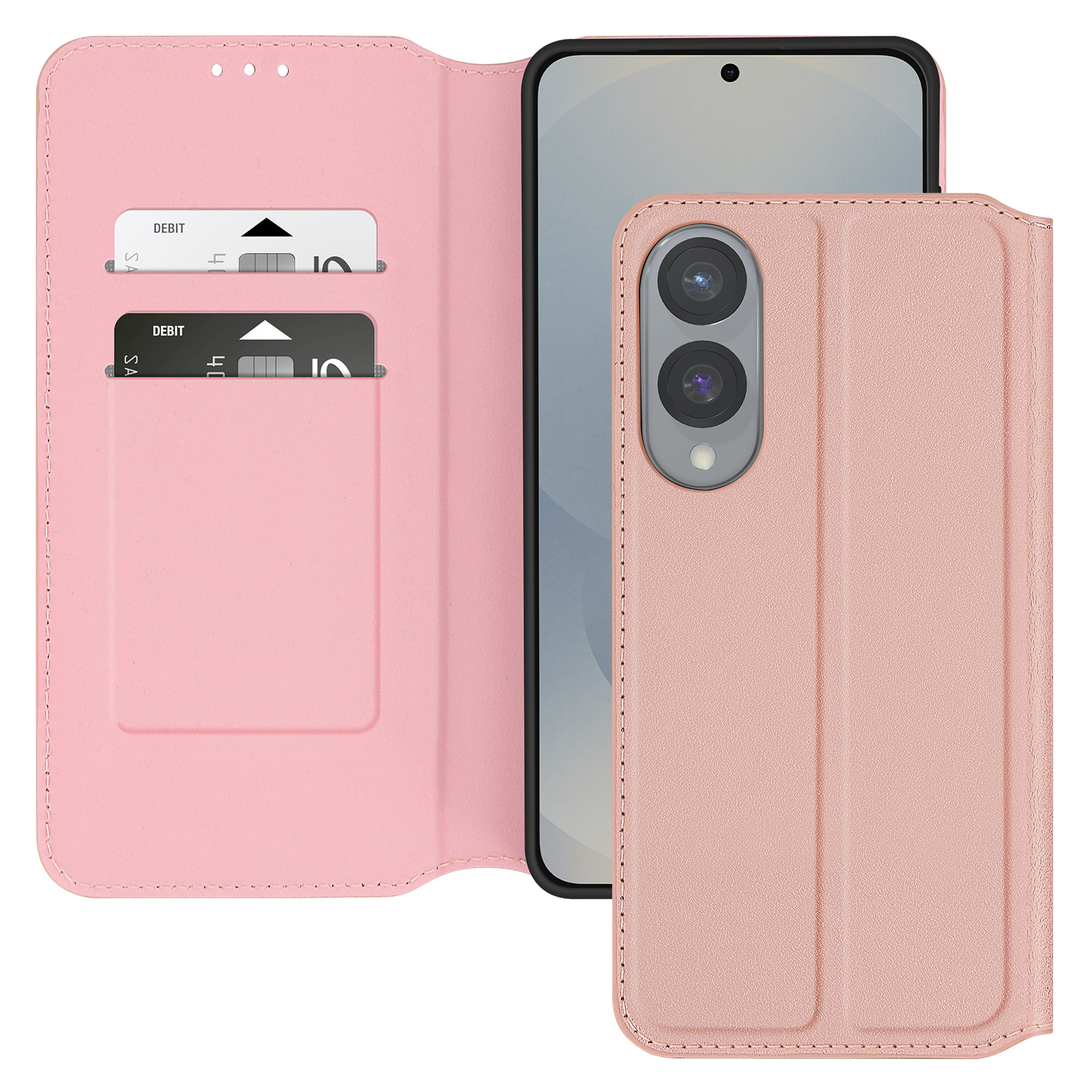 Custodia rosa per telefono, aperta, che mostra un telefono e delle carte. Lo sfondo è semplice.