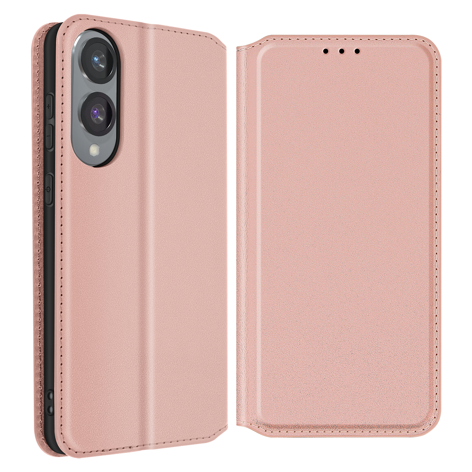 Una custodia per telefono rosa, aperta e che mostra l'interno, con fotocamera e funzionalità del telefono.