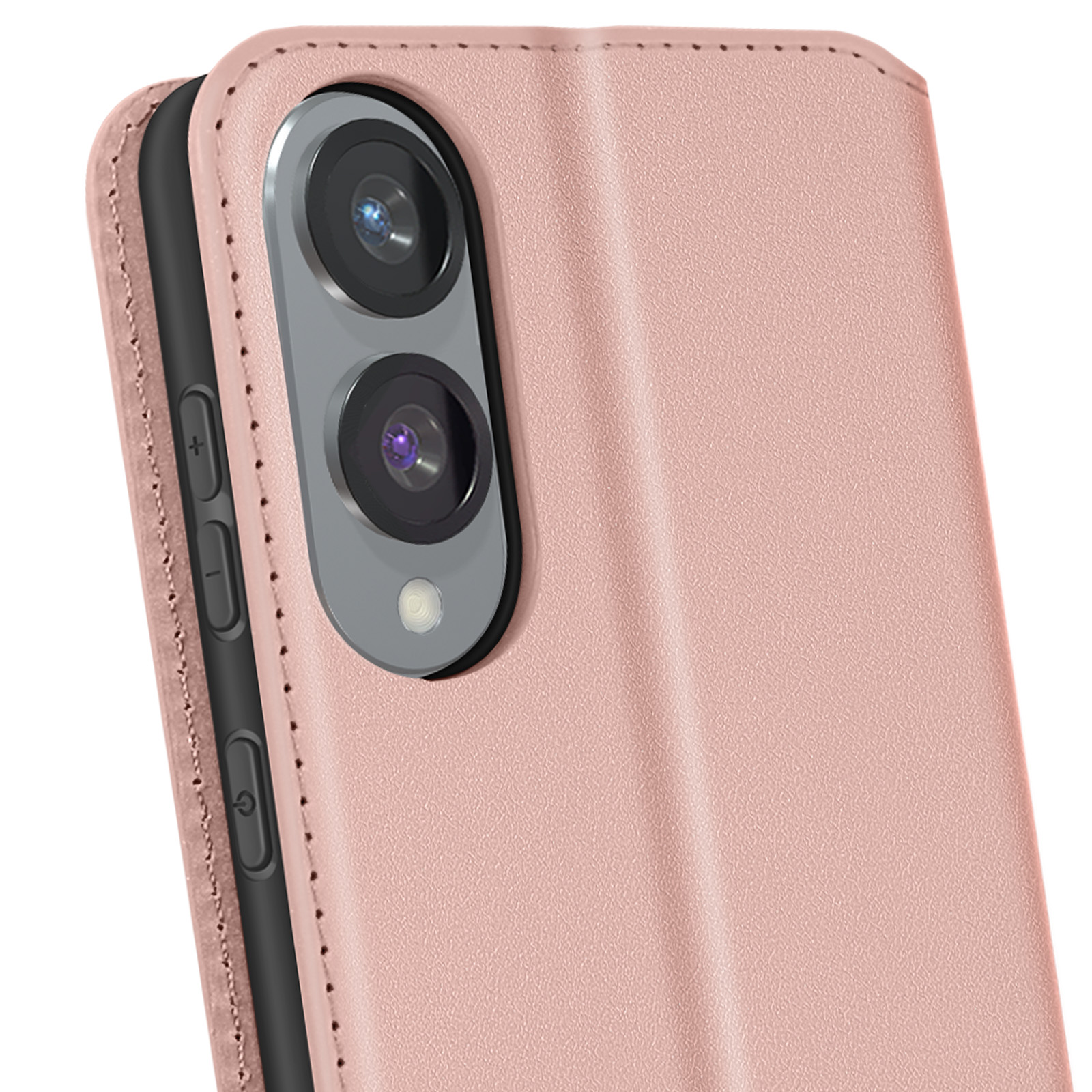 La parte posteriore di una custodia rosa con due fotocamere e un flash è mostrata.