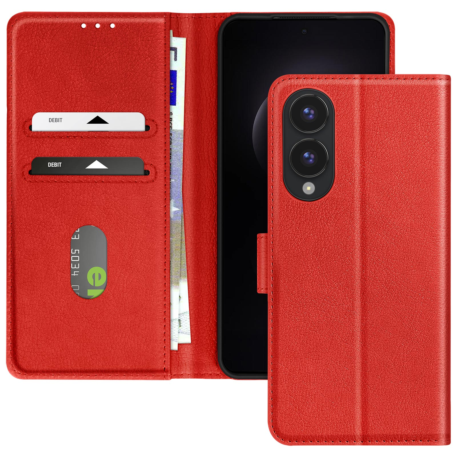 Custodia per telefono rossa, con scomparto per carte e denaro all'interno. La custodia è aperta, mostrando il telefono.