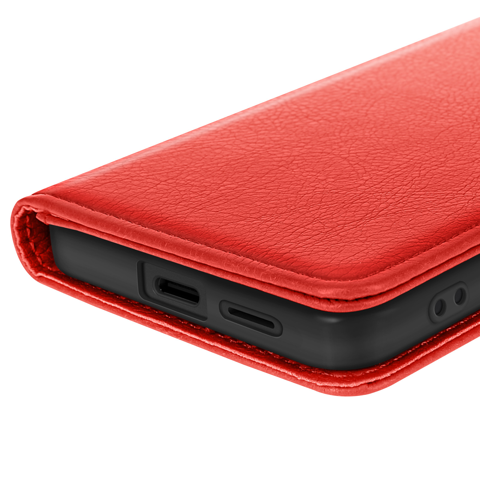 Primo piano del bordo di una custodia rossa con texture e fori interni neri.