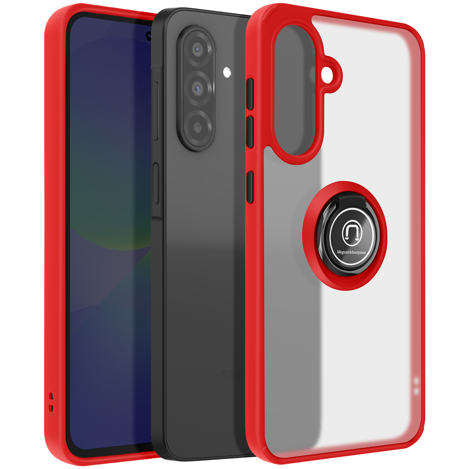Tre custodie per telefono: cornice rossa, telefono nero e una custodia trasparente con supporto ad anello.