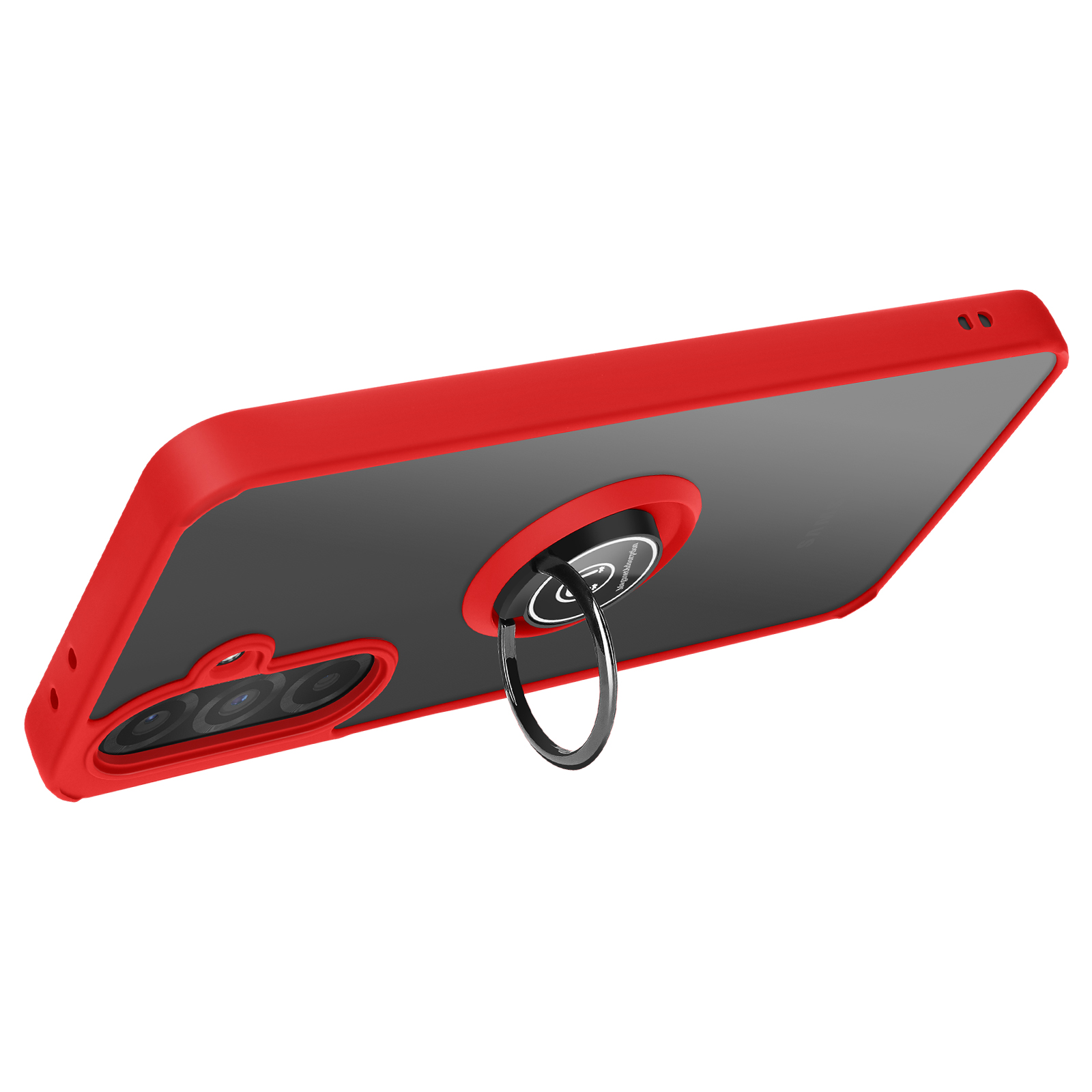 Custodia per telefono rossa con un porta anello, che mostra un telefono con retro trasparente e cornice rossa.