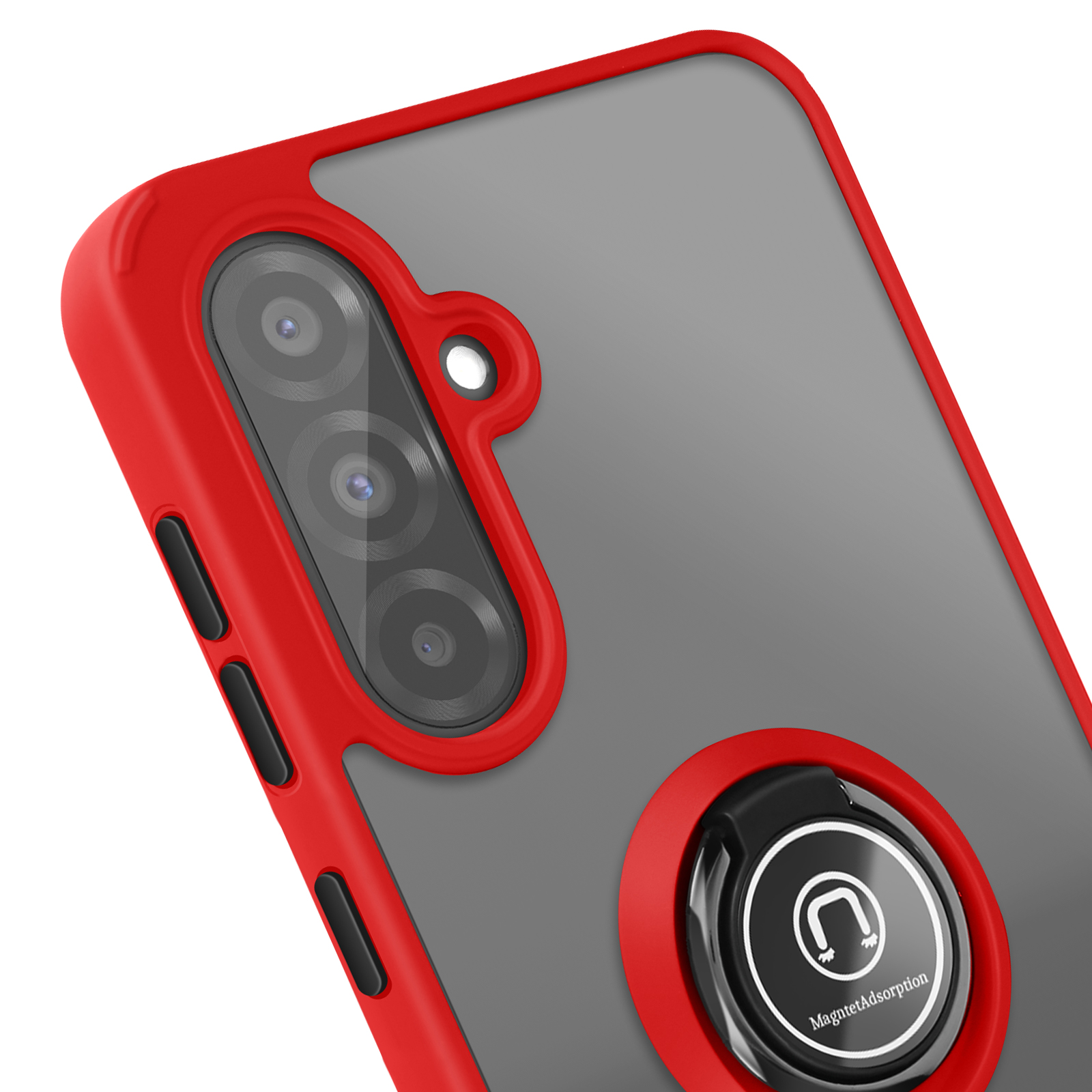 Custodia per telefono rossa e grigia con lenti della fotocamera e anello nero.