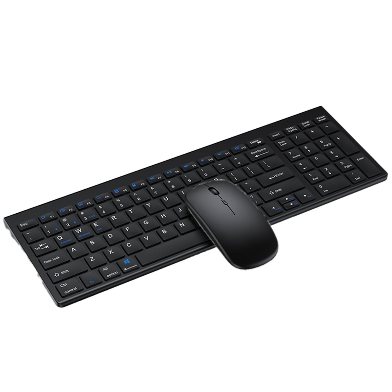 Eine schwarze Tastatur und Maus. Die Tastatur hat weiße Buchstaben und Zahlen. Die Maus ist oval.