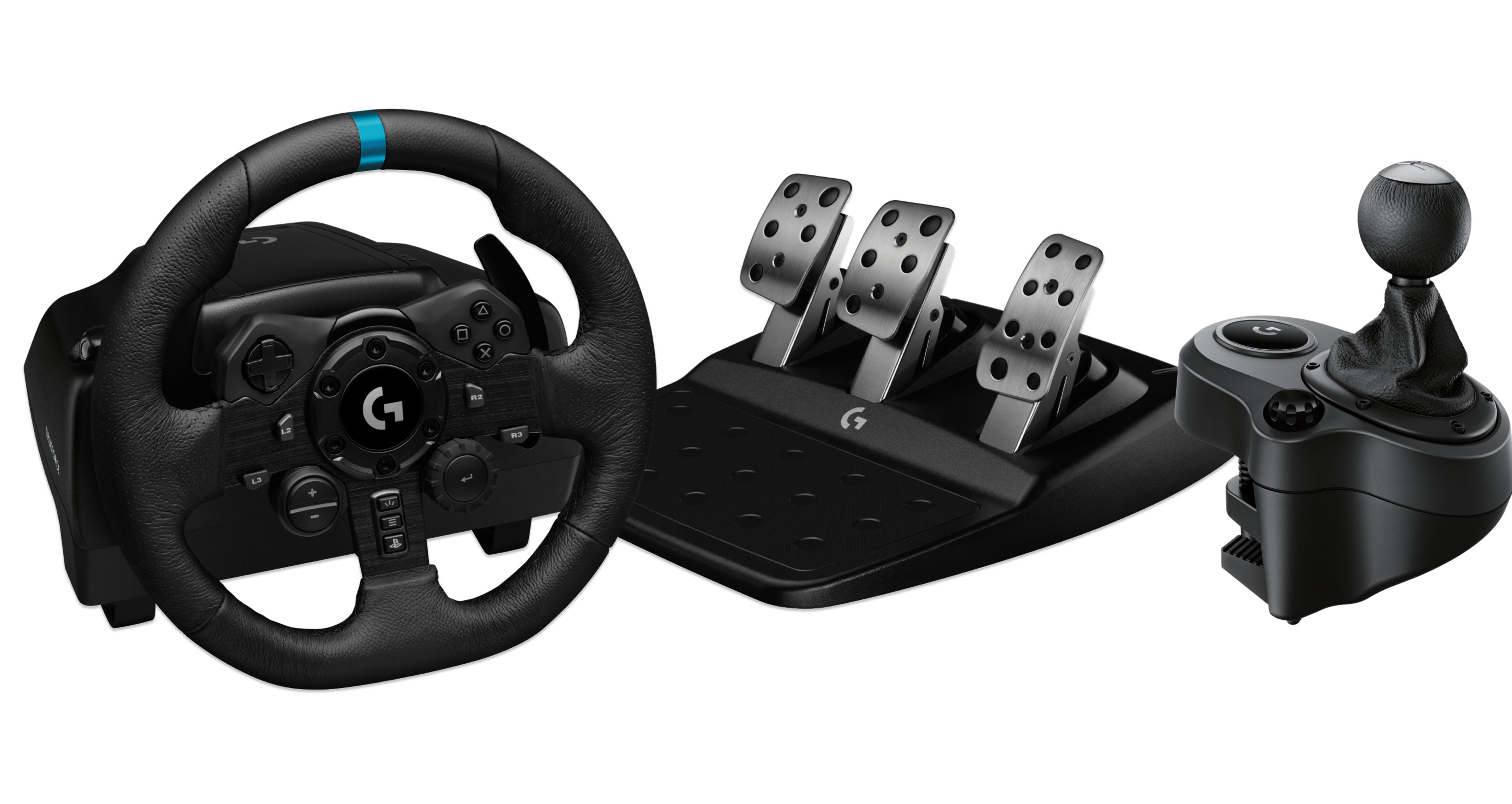 Konfiguracja do gier: kierownica, pedały i dźwignia zmiany biegów, wszystko czarne na białym tle.