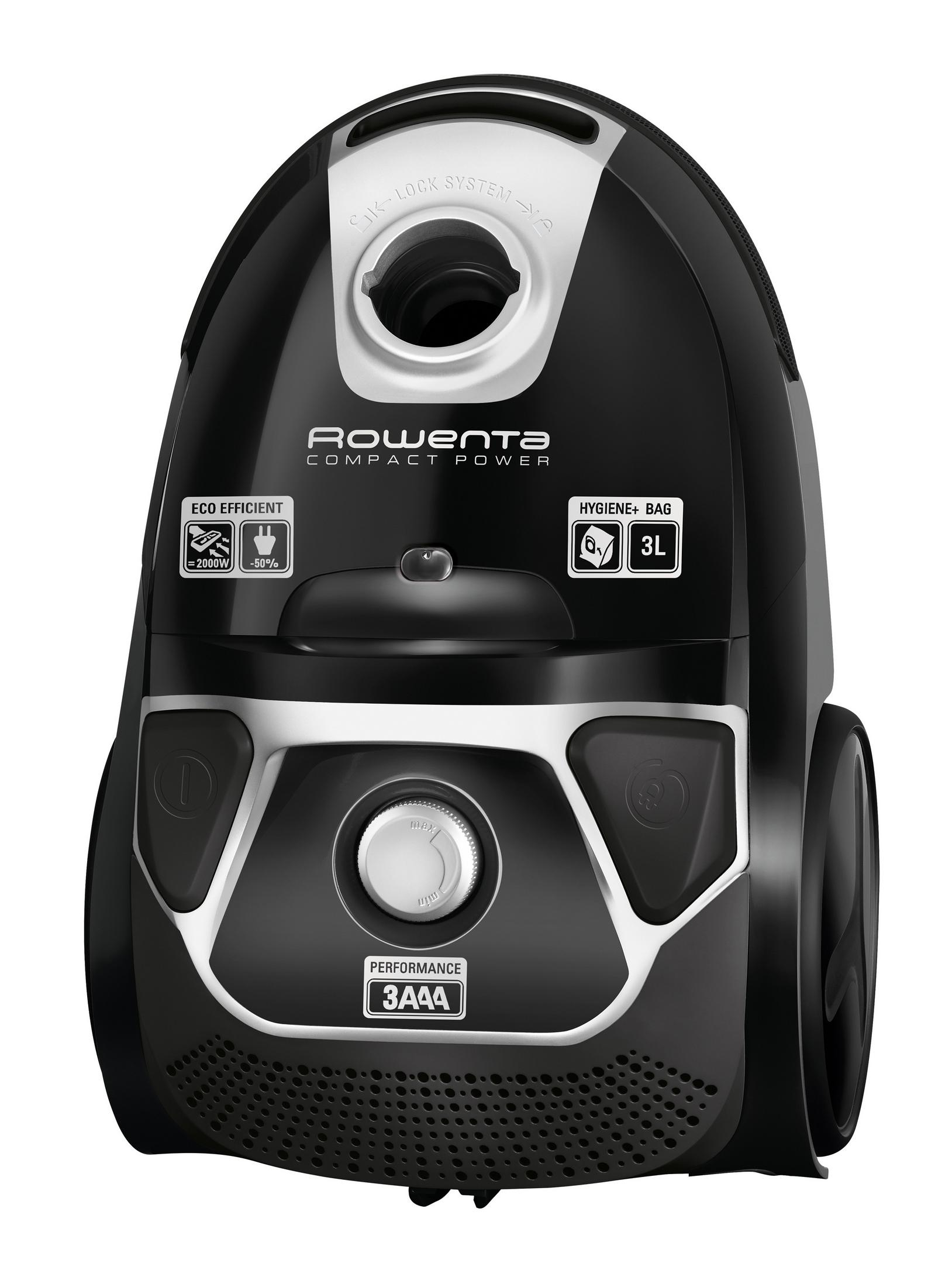 Czarny odkurzacz, widok z przodu, marka Rowenta, z pokrętłem regulacji.