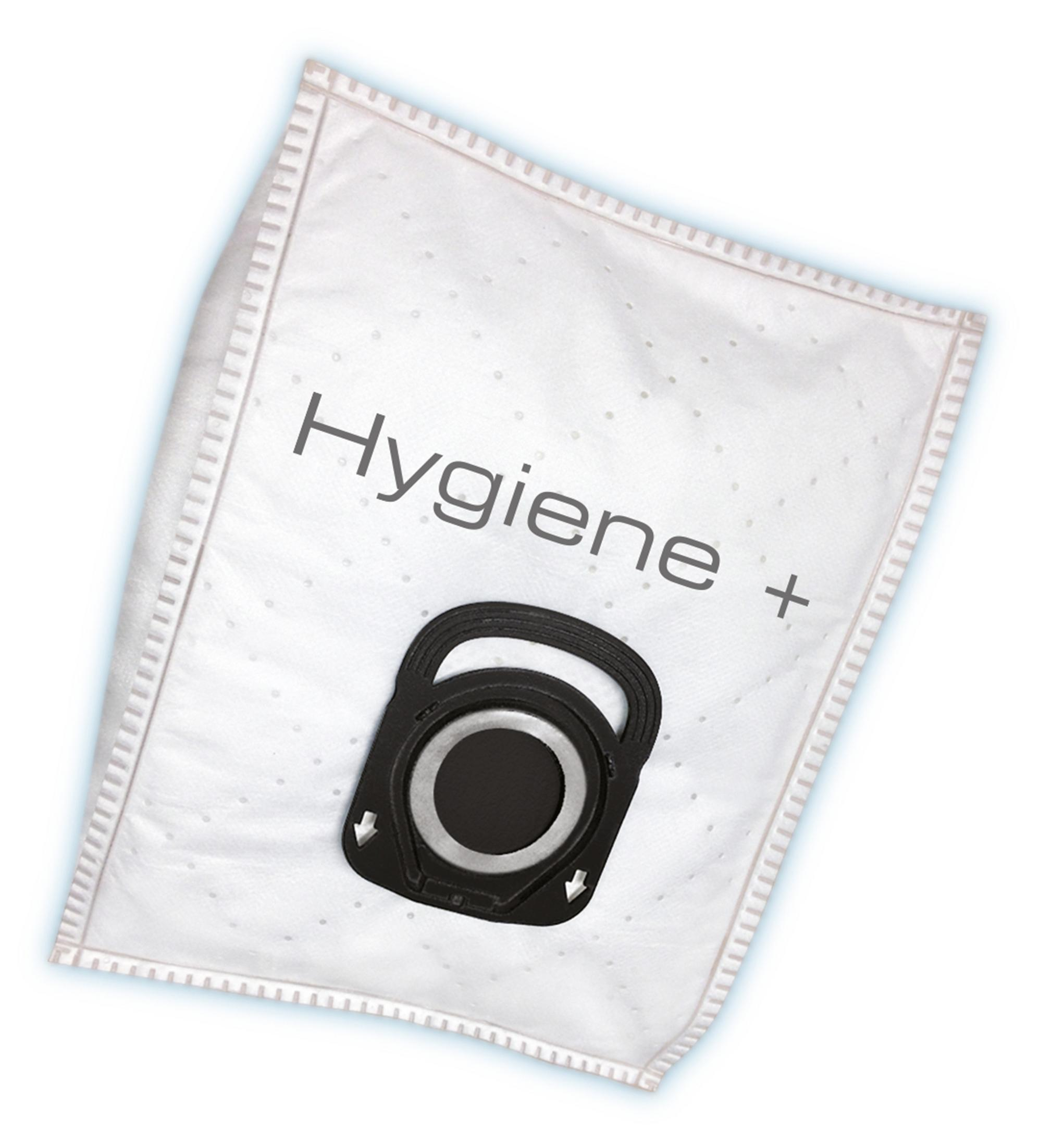 Biały worek do odkurzacza z czarnym uchwytem i napisem "Hygiene+".