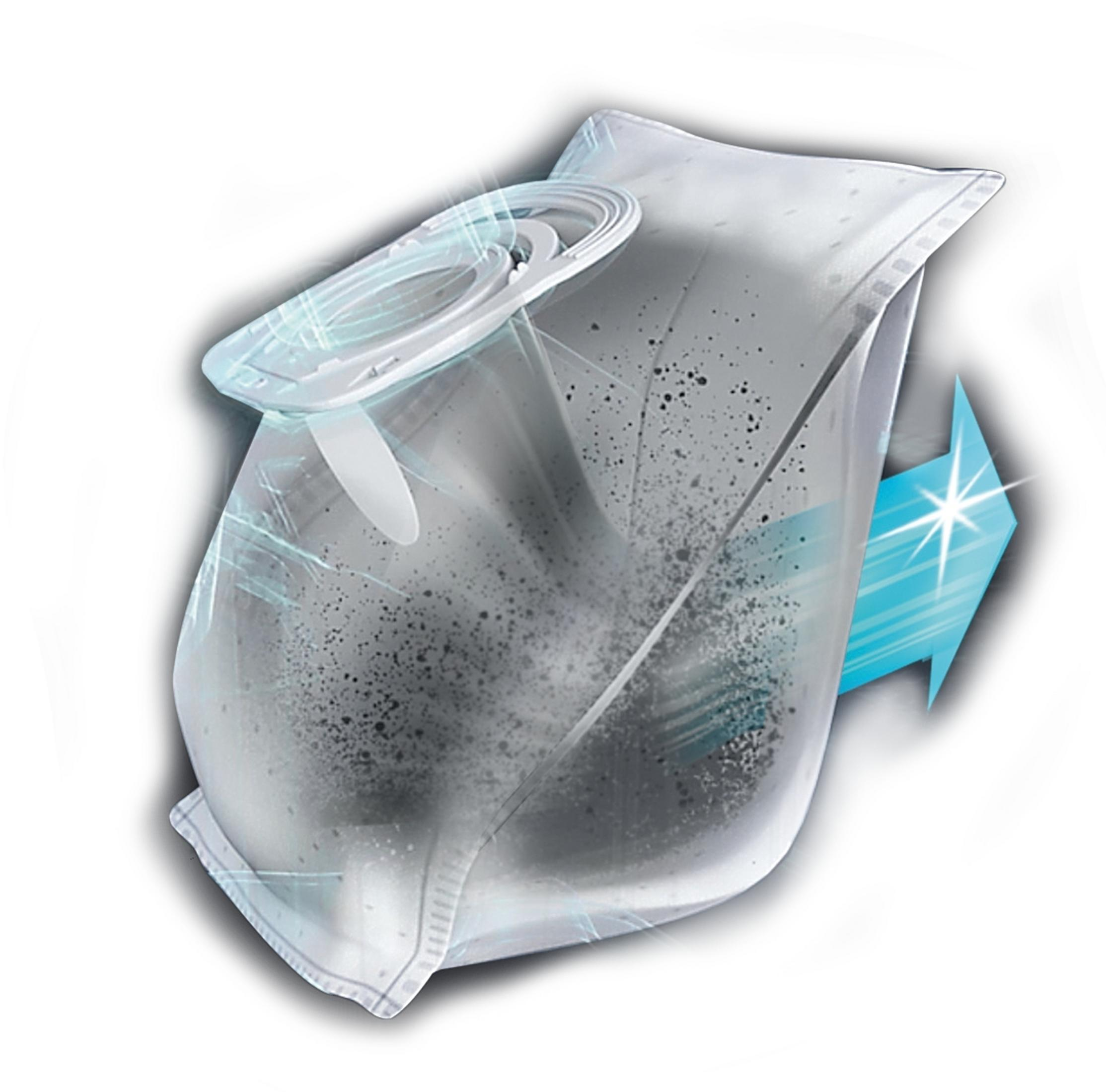 Przezroczysty worek do odkurzacza z brudem, odbiciem światła i niebieską strzałką.
