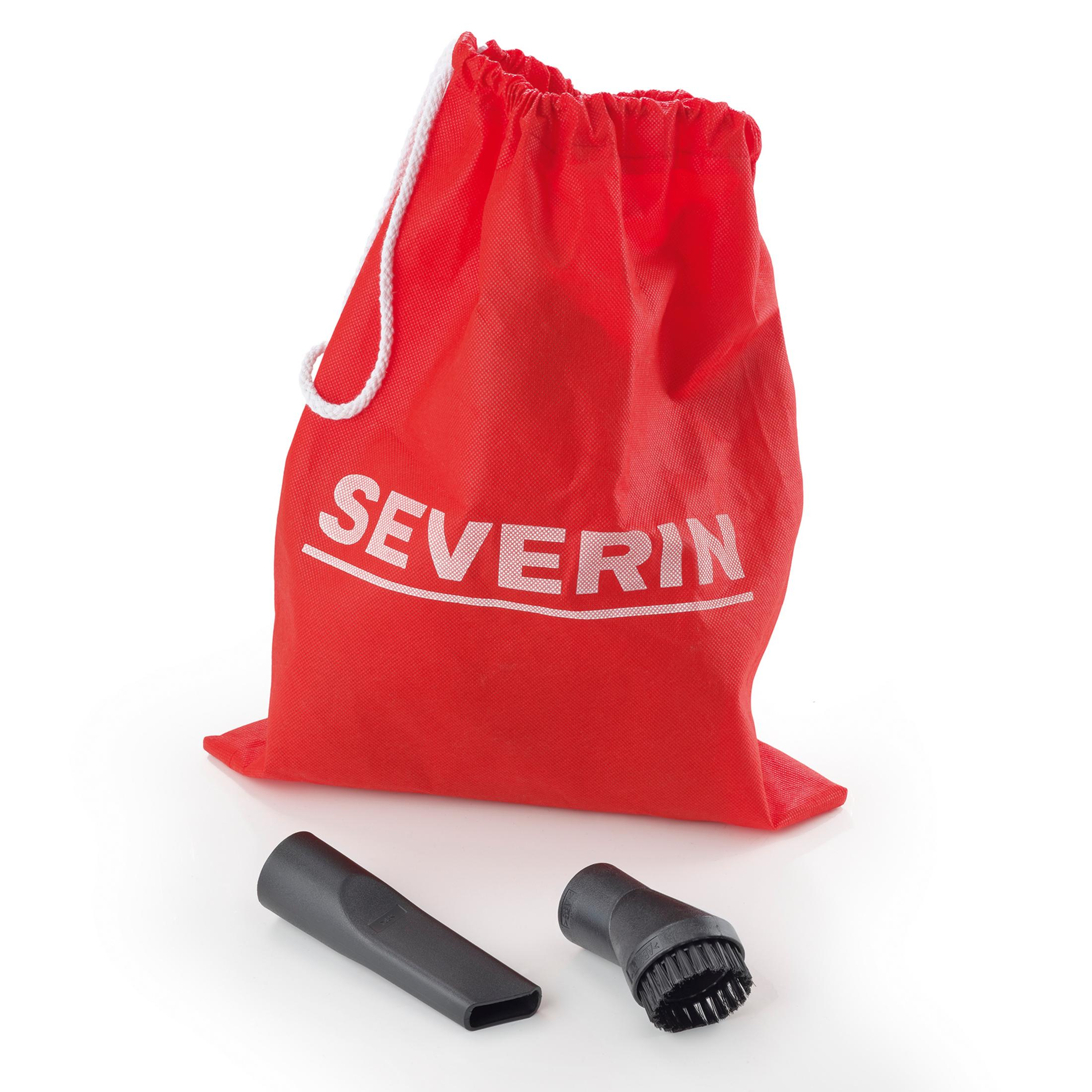 Una borsa rossa con accessori neri su sfondo bianco.