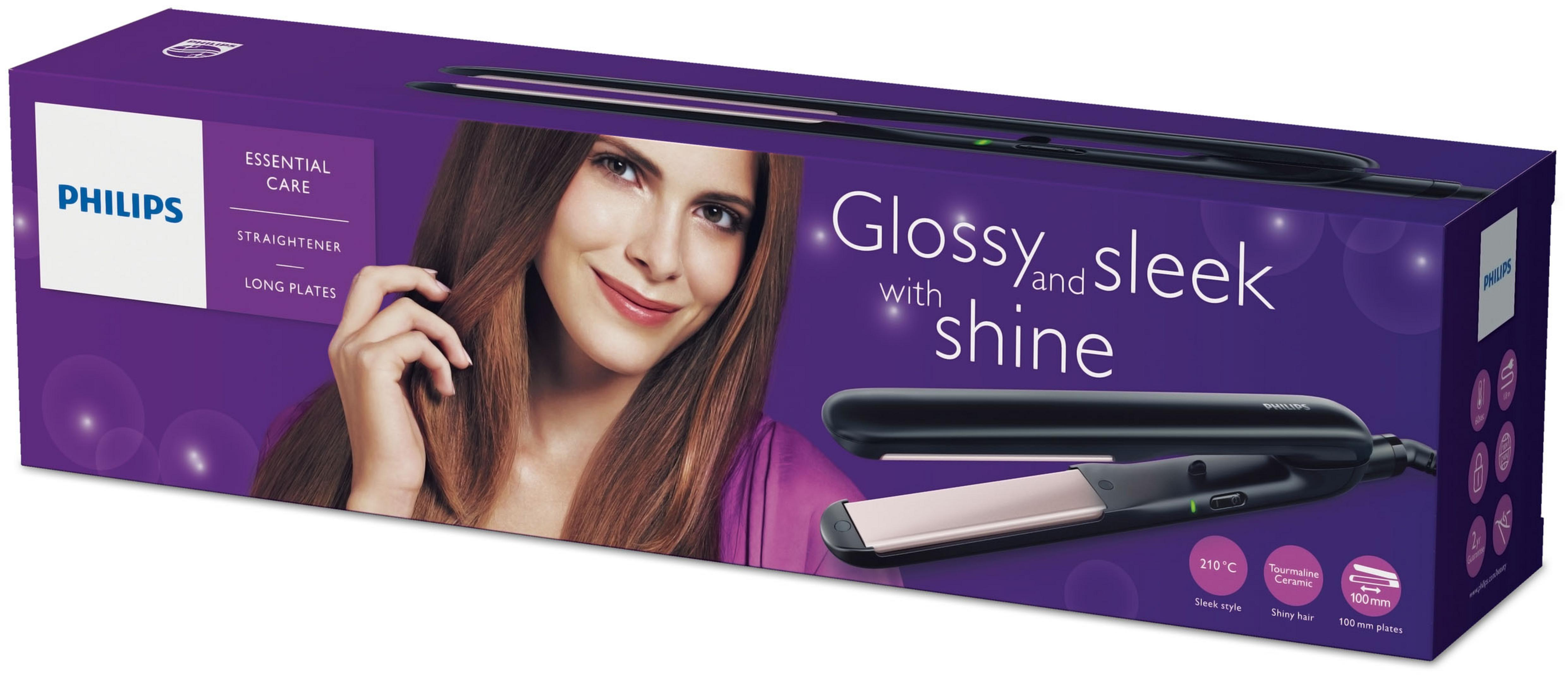 Una caja de plancha de pelo Philips con una mujer y el producto. Dice Essential Care, Glossy and sleek.