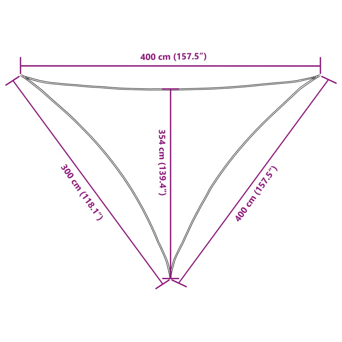 Una vela parasole triangolare bianca con dimensioni in cm e pollici viene visualizzata su sfondo bianco.