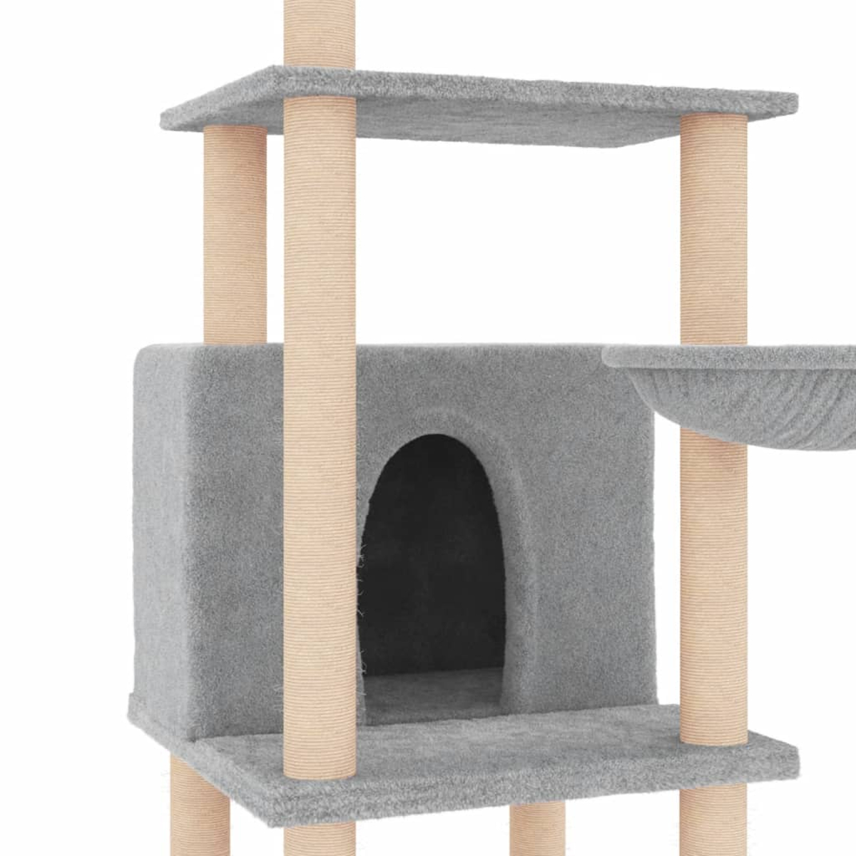 Ein mehrstöckiger Katzenbaum in Grau mit Kratzpfosten und einem Katzenhaus. Er steht auf weißem Hintergrund.