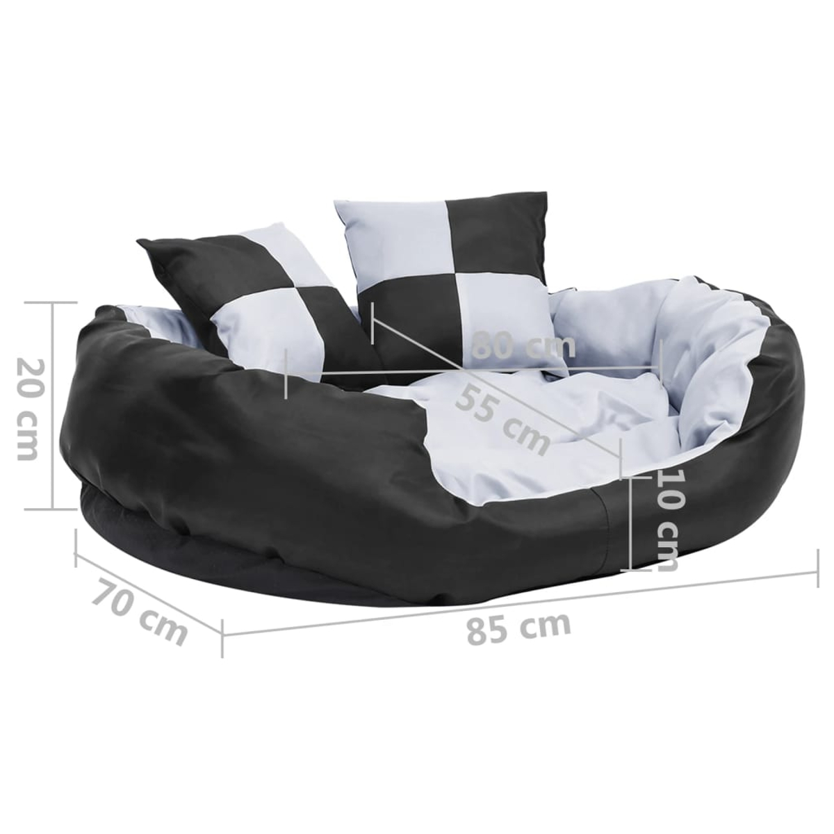 Hundebett mit schwarz-weißen Kissen. Das Bett ist schwarz und weiß. Maße sind enthalten.