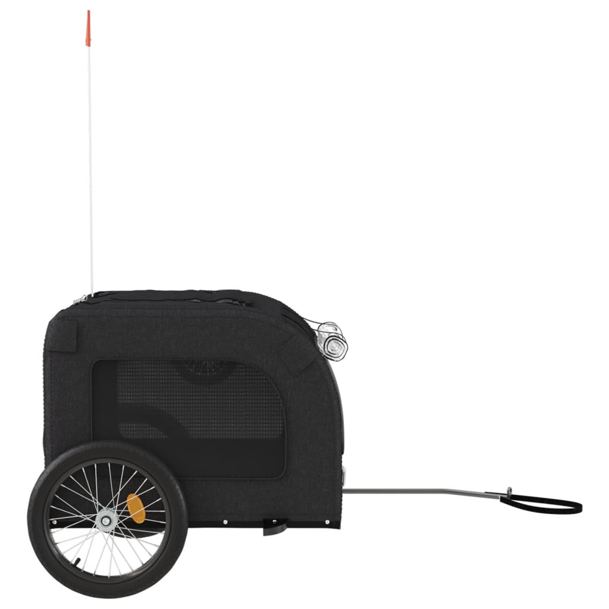 Schwarzer Haustieranhänger mit Rad und orangefarbener Flagge. Isoliert auf Weiß. Seitenansicht.