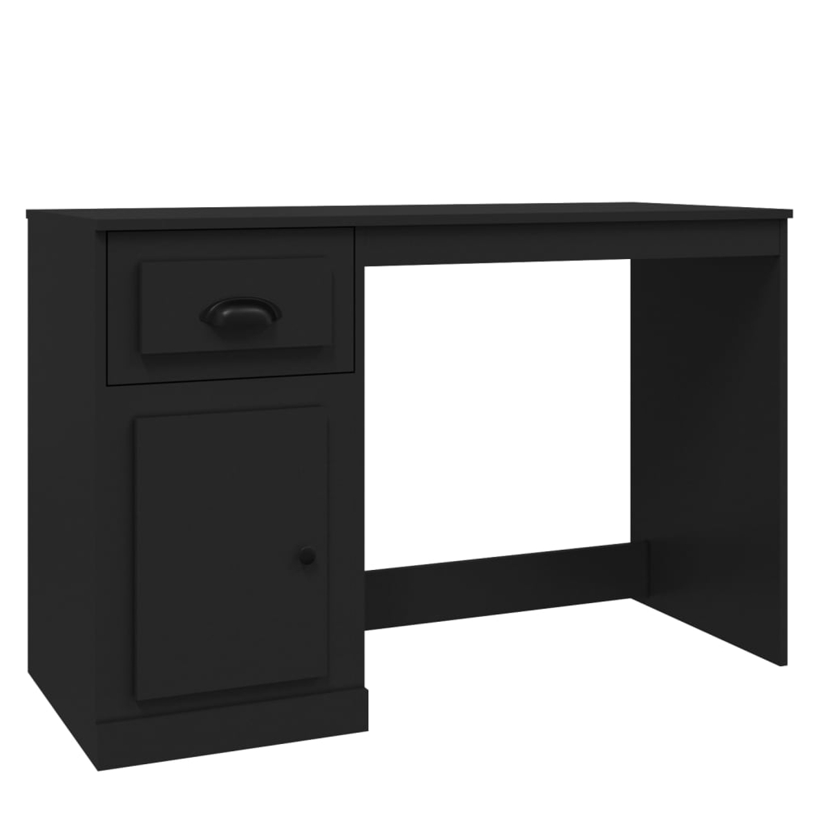 Schwarzer Schreibtisch mit Schublade und Schrank links, freier Platz rechts. Weißer Hintergrund.