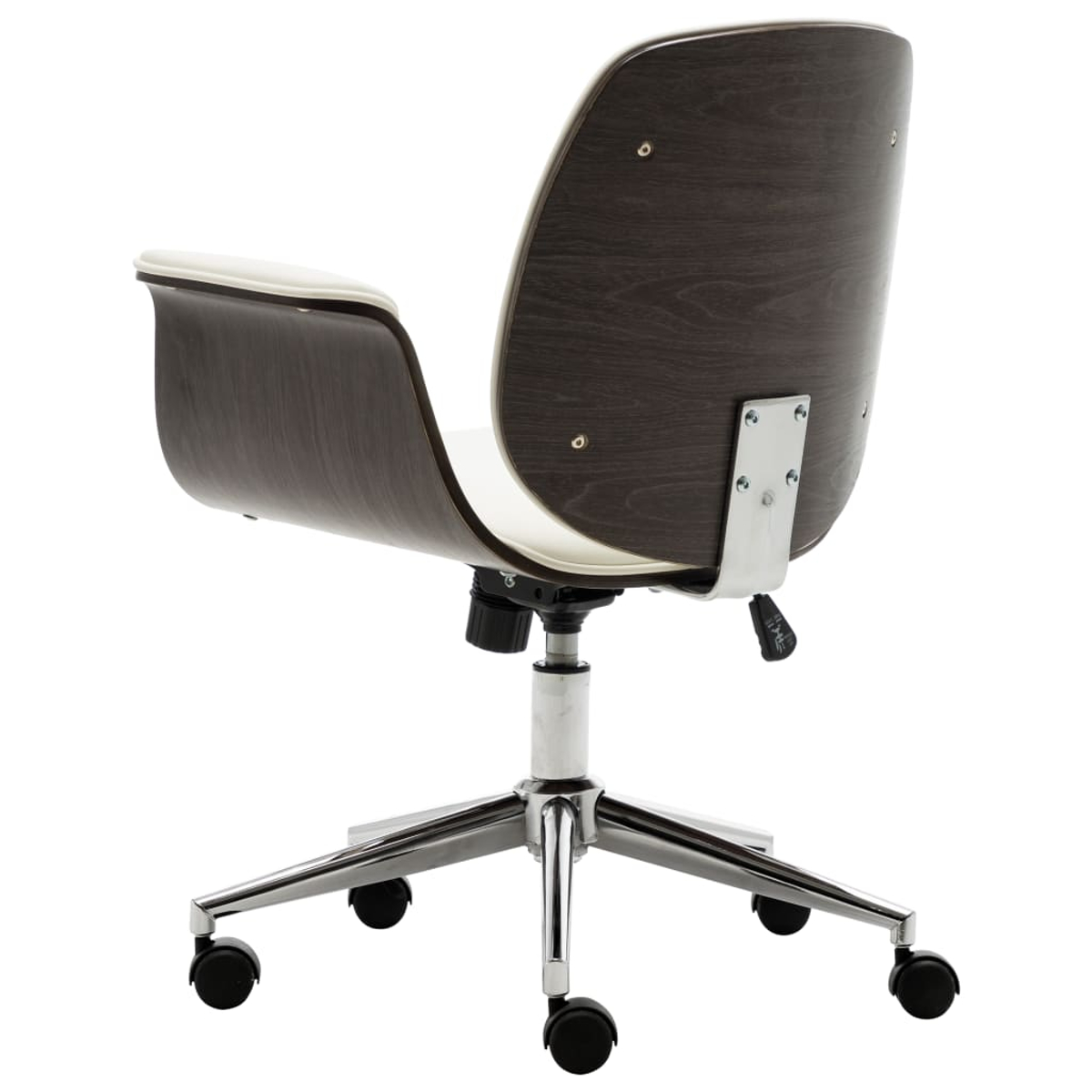 Moderner Bürostuhl, dunkle Holzlehne und weißer Sitz. Metallfuß, schwarze Rollen. Rückansicht.