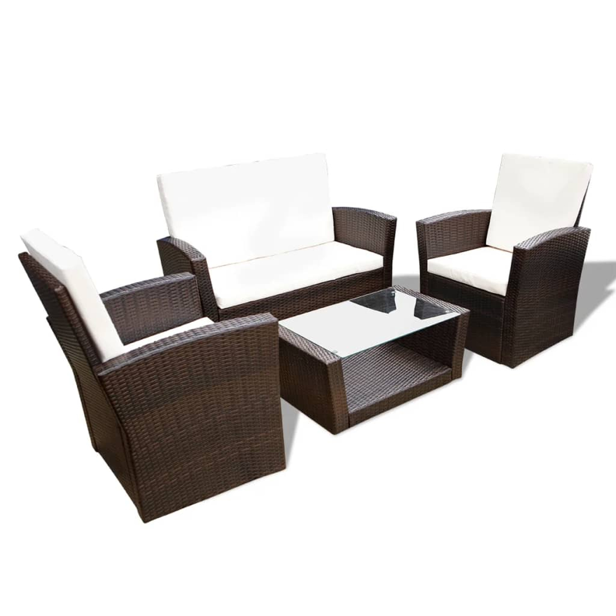 Vierteiliges Sitzmöbel-Set für den Außenbereich mit weißen Kissen.