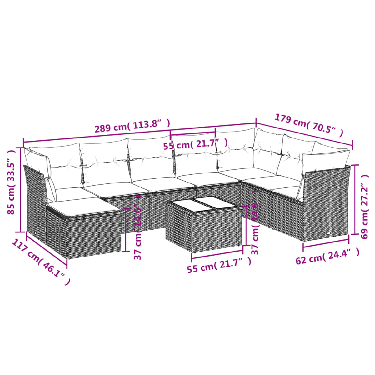 Set divano a L in vimini, dimensioni indicate. Include divano, tavolino e pouf. Sfondo bianco.