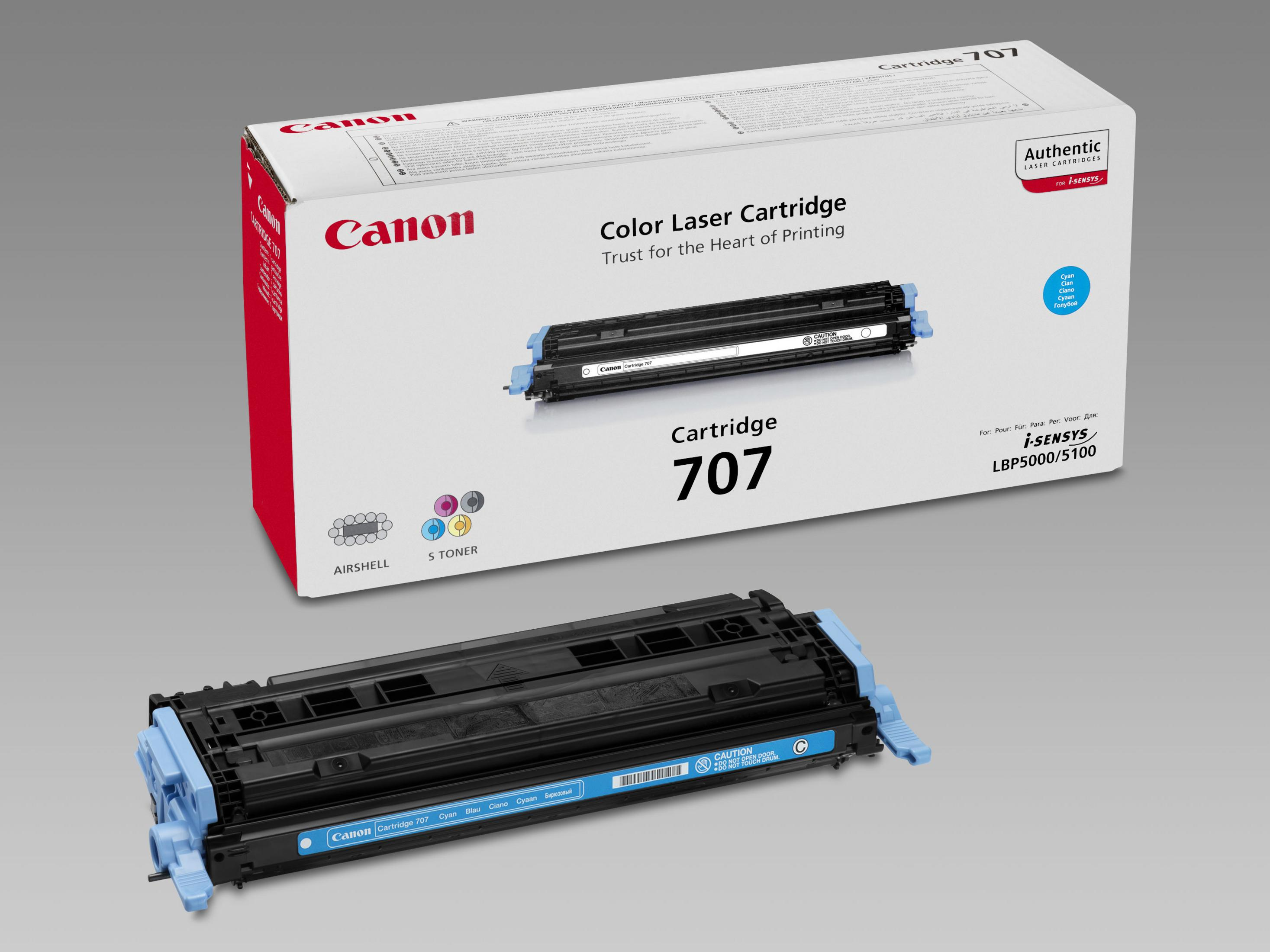 Canon 707 kleuren lasercartridge doos en cartridge. Doos heeft logo en cartridge beschrijving.