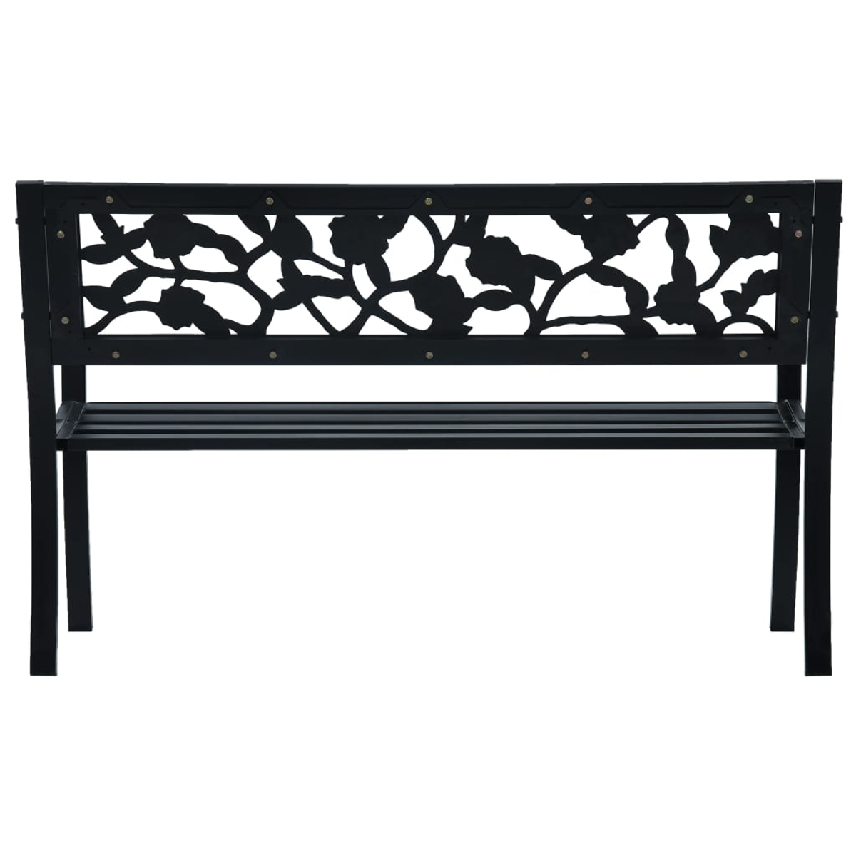 Schwarze Metall-Gartenbank mit floralen Design-Ausschnitten.