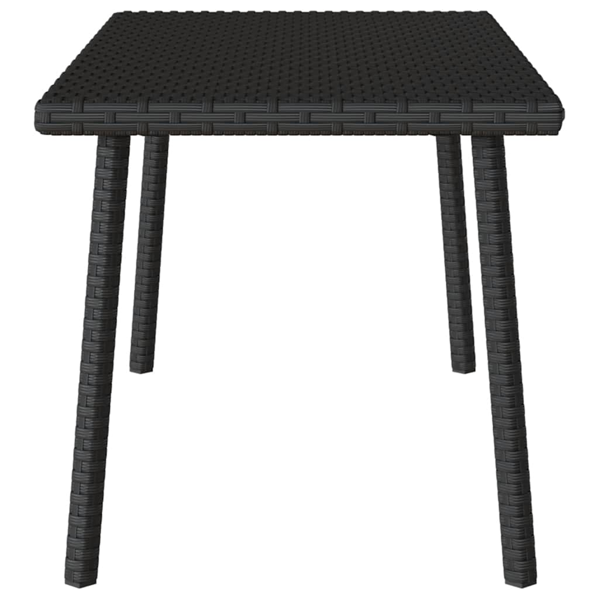 Tavolo quadrato nero con trama intrecciata, quattro gambe. Sfondo bianco.
