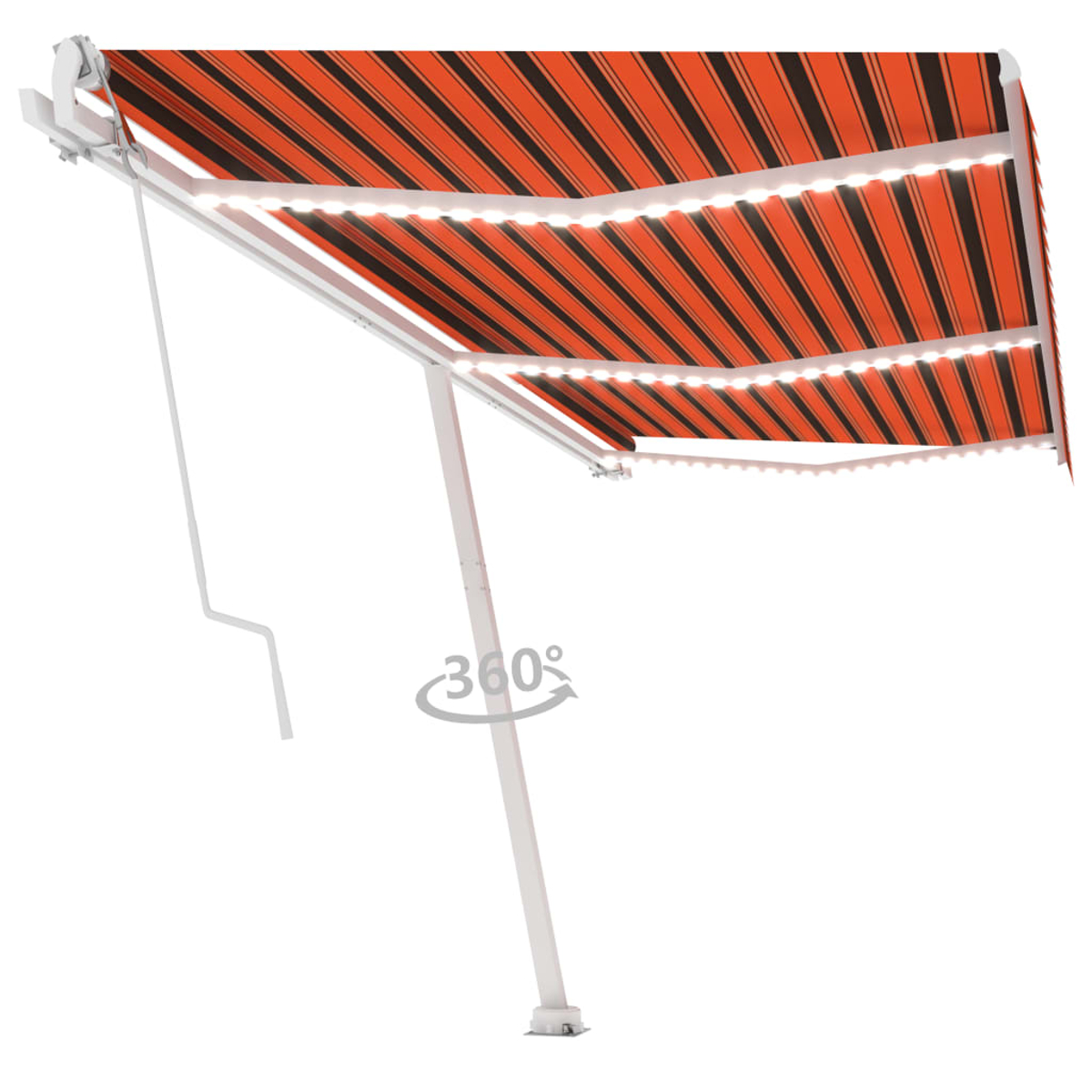 Eine Markise mit einem orange-schwarzen Streifenmuster. Weiße Tragkonstruktion. Enthält ein 360-Grad-Symbol.