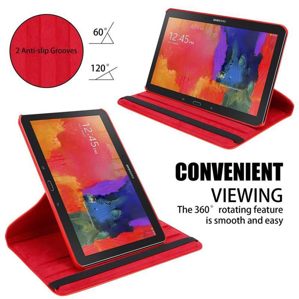 Rote Tablethülle mit Tablet, das Zeit und Winkel zeigt.