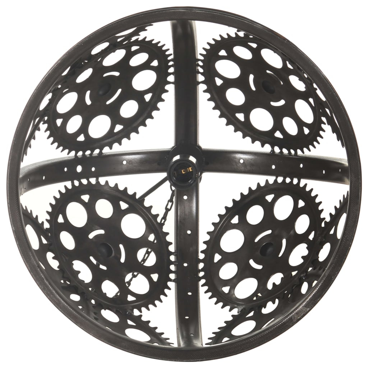 Kreisförmiges Metallkunstwerk mit Zahnrädern und einem kreuzförmigen Rahmen. Weißer Hintergrund.