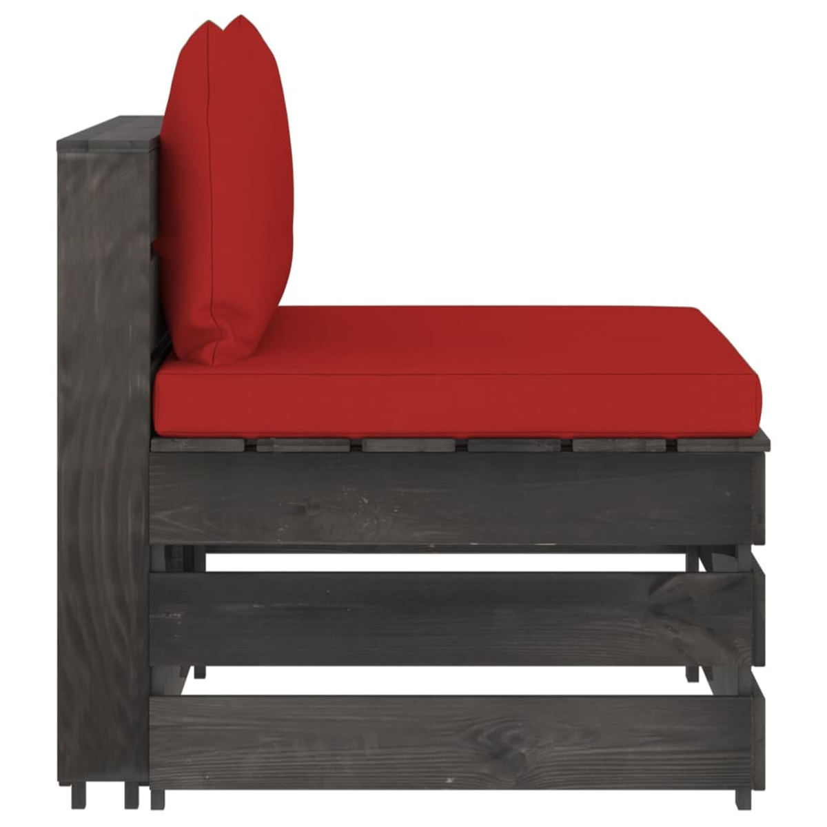 Holzpalettensofa mit rotem Kissen und Kissen. Schwarzer Holzrahmen.