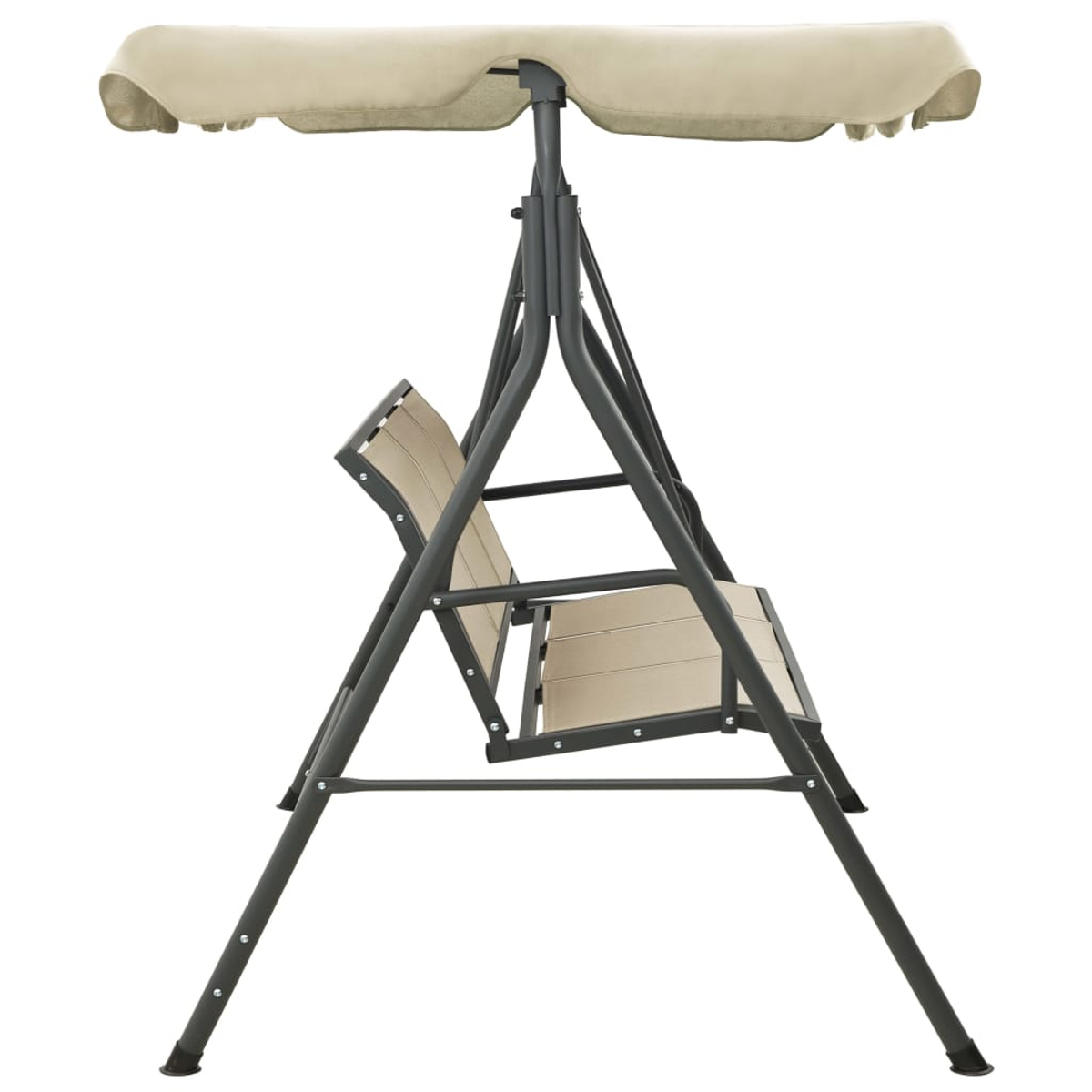 Eine beige Schaukel mit Baldachin. Es hat ein Metallgestell.
